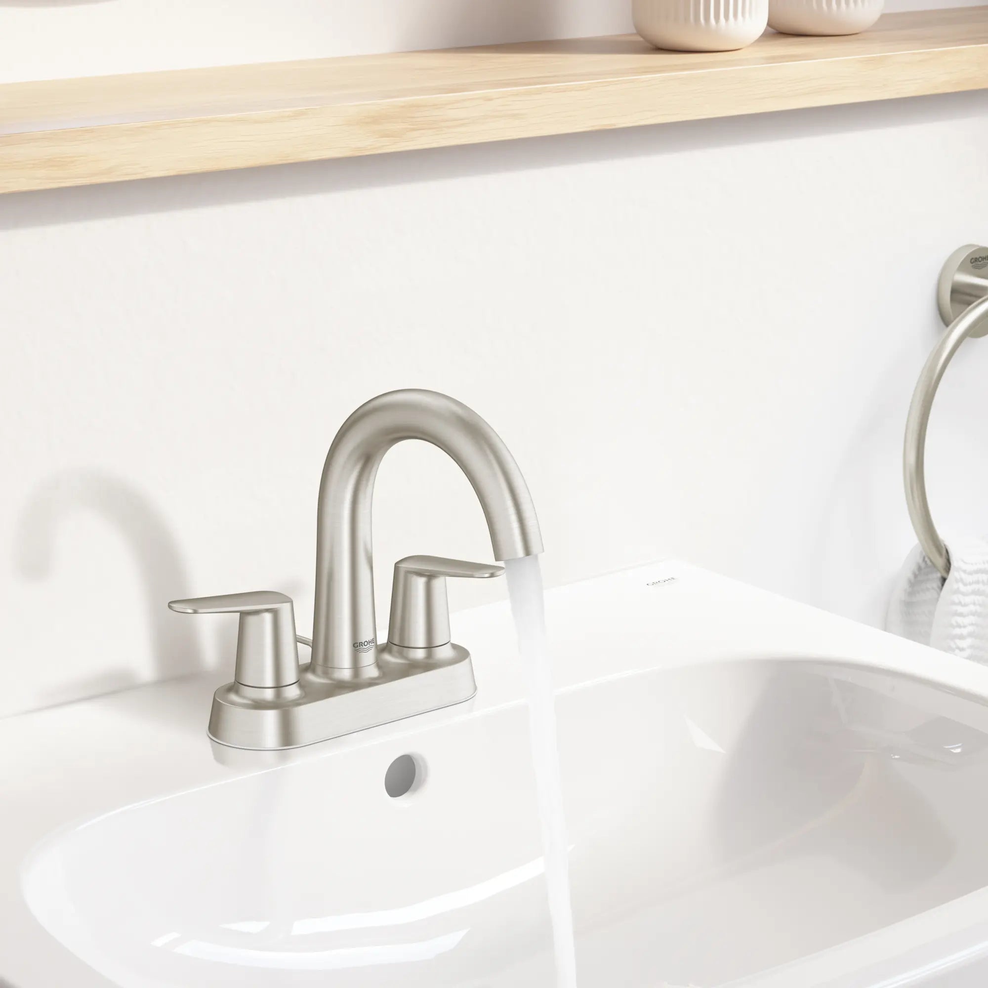 Veletto 2-handle 4" Centerset Bathroom Faucet, 1.2 GPM (4.5 L/min) // BRUSHED NICKEL INFINITYFINISH // 239940_Veletto_EnvironmentCloseup_20582EN0_0002_MARCH2024_CDNwebp.webp