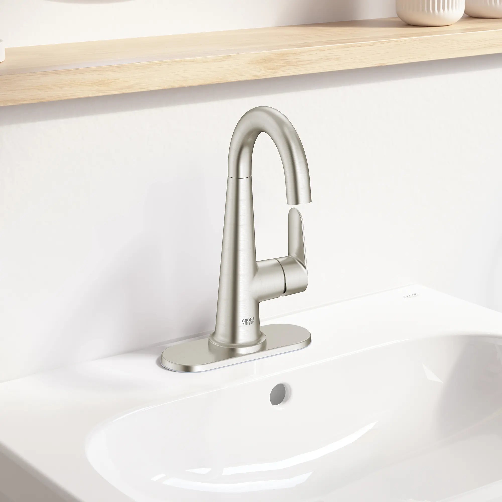Veletto Single-Handle 4" Centerset Bathroom Faucet, 1.2 GPM (4.5 L/min) // BRUSHED NICKEL INFINITYFINISH // 240585_Veletto_EnvironmentCloseup_23837.EN0_0001_April2024_CDNwebp.webp