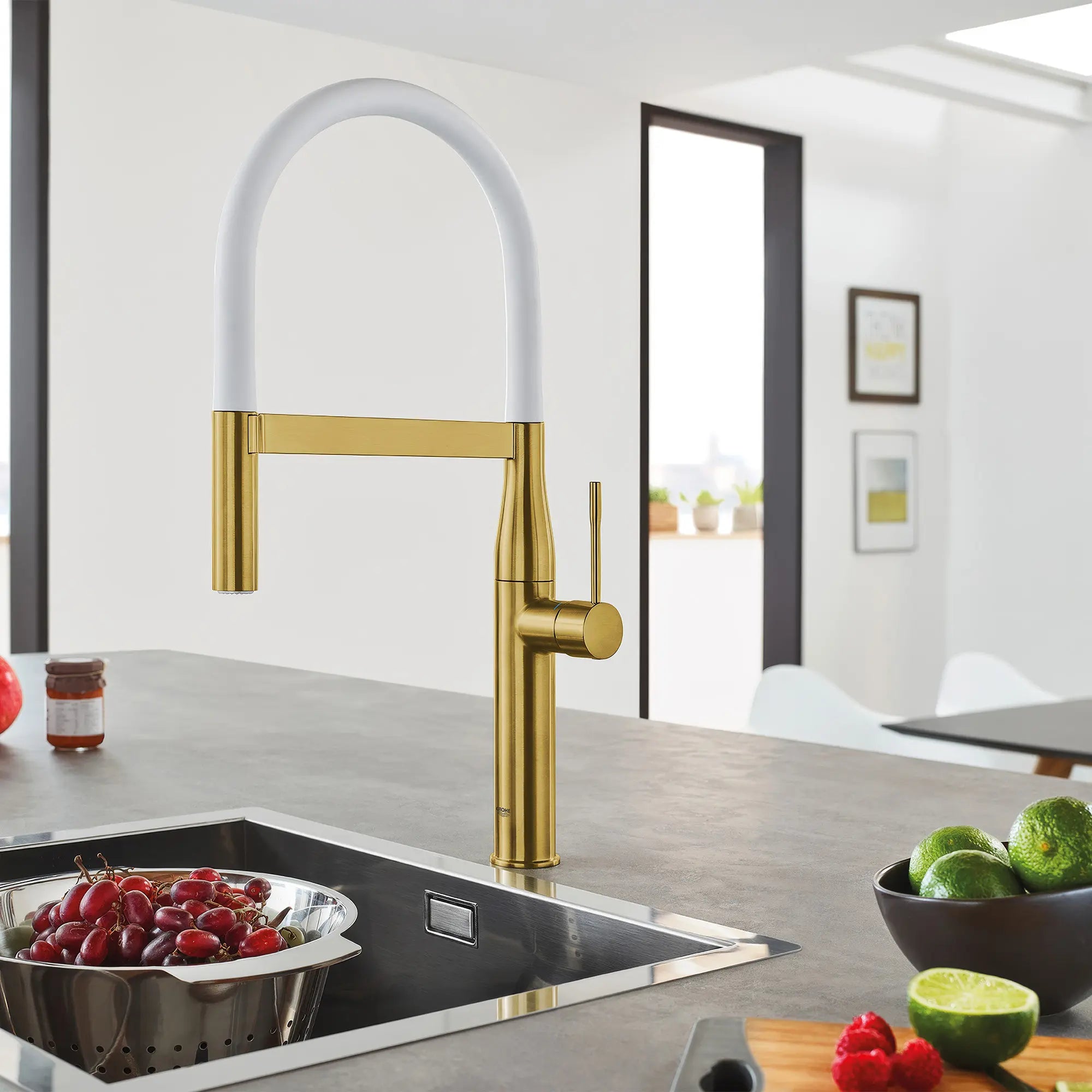 Essence Single-Handle Semi-Pro Dual Spray Kitchen Faucet 1.75 GPM (6.6 L/min) // BRUSHED COOL SUNRISE // 244761_Essence_EnvironmentCloseUp_30295GN0_0001_APRIL2024_CDNwebp.webp