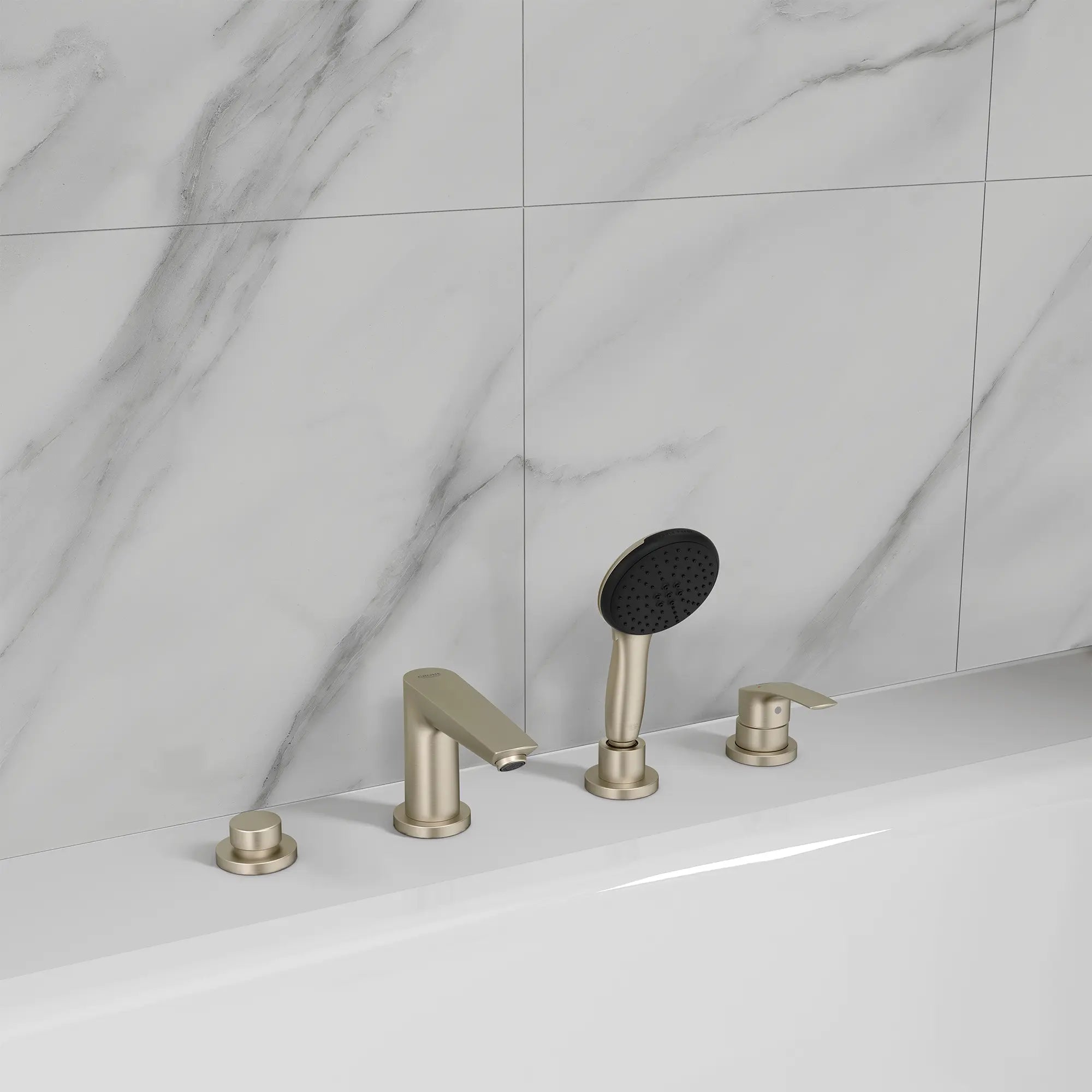 Eurosmart 4-Hole Single Handle Deck Mount Roman Tub Faucet with 1.5 gpm (5.7 L/min) Hand Shower // BRUSHED NICKEL INFINITYFINISH // 246307_Tempesta_EnvironmentCloseUp_25277EN3_0006_JUNE2024_CDNwebp.webp