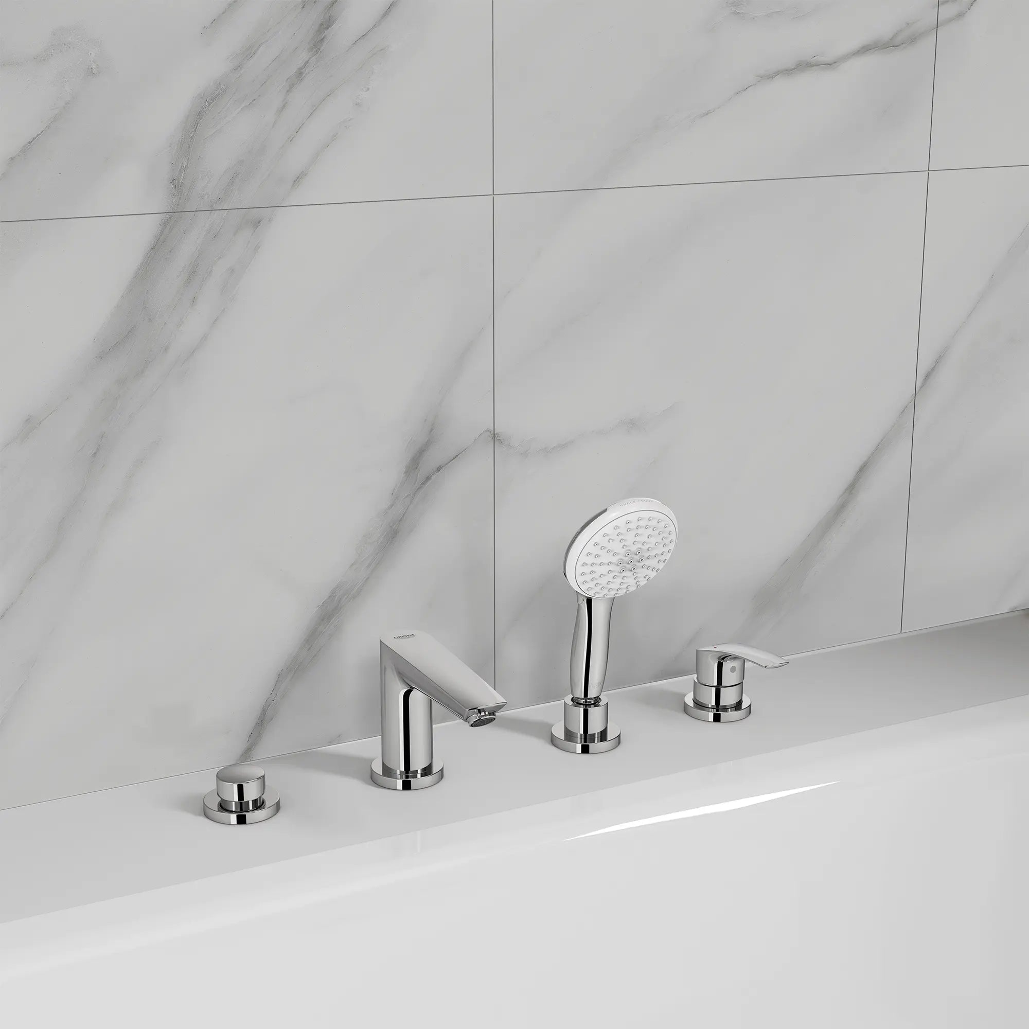 Eurosmart 4-Hole Single Handle Deck Mount Roman Tub Faucet with 1.5 gpm (5.7 L/min) Hand Shower // GROHE STARLIGHT CHROME // 246308_Tempesta_EnvironmentCloseUp_25277003_0006_JUNE2024_CDNwebp.webp