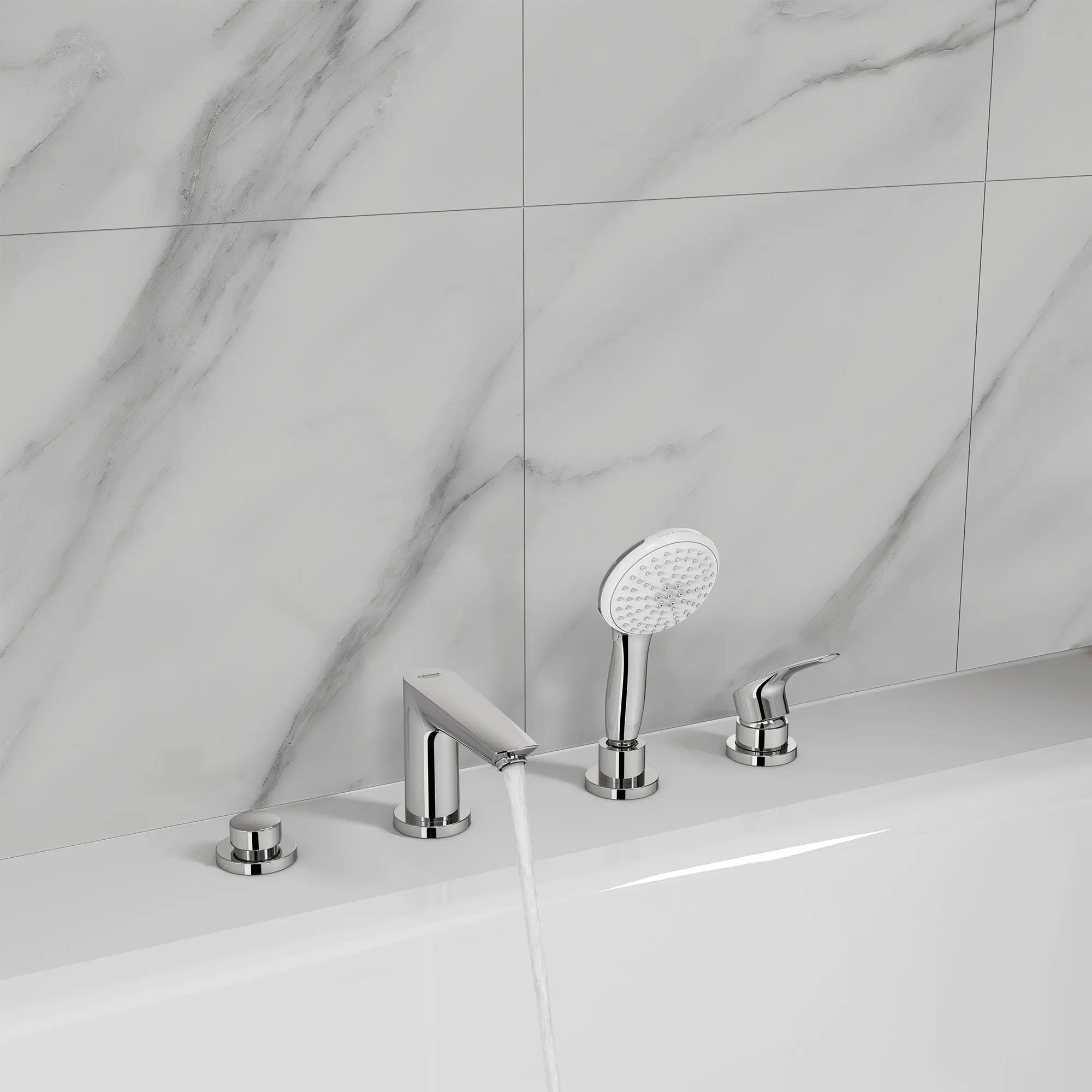 Eurosmart 4-Hole Single Handle Deck Mount Roman Tub Faucet with 1.5 gpm (5.7 L/min) Hand Shower // GROHE STARLIGHT CHROME // 246309_Tempesta_EnvironmentCloseUp_25277003_0007_JUNE2024_CDNwebp.webp
