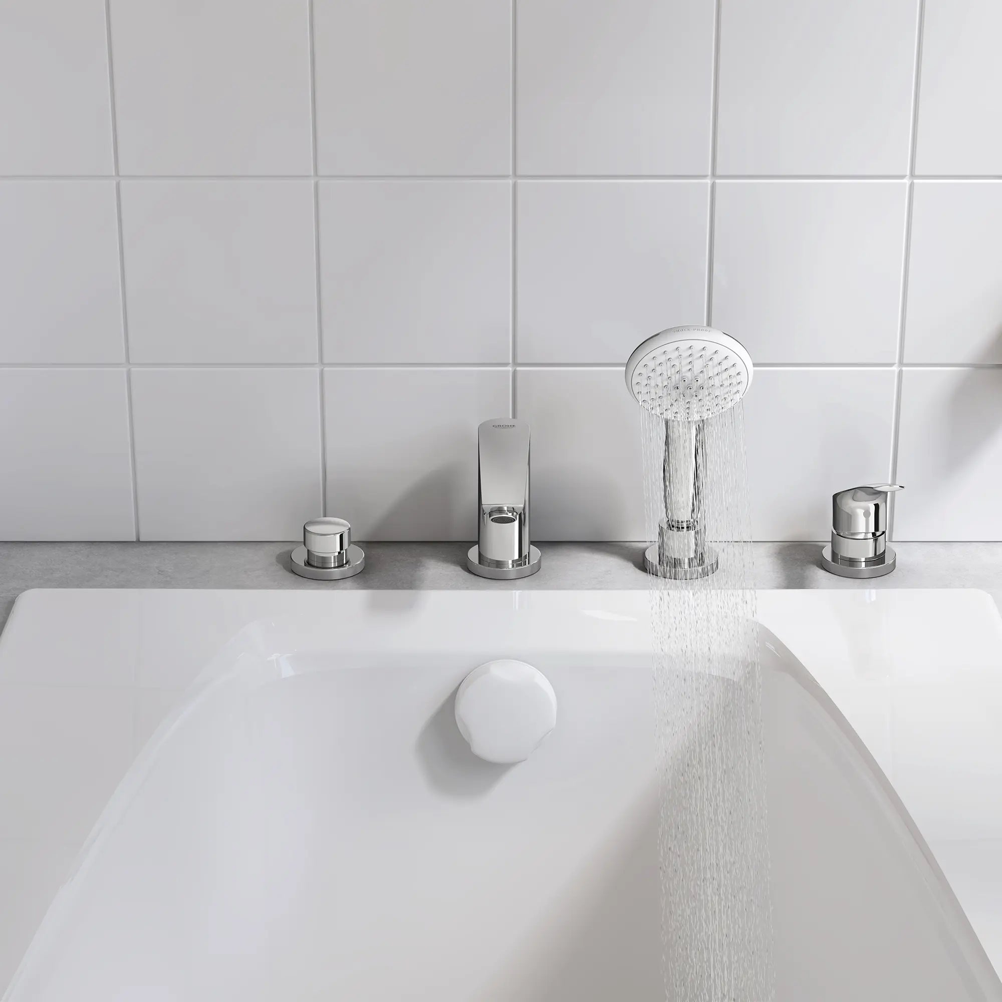 Eurosmart 4-Hole Single Handle Deck Mount Roman Tub Faucet with 1.5 gpm (5.7 L/min) Hand Shower // GROHE STARLIGHT CHROME // 246311_Tempesta_EnvironmentCloseUp_25277003_0008_JUNE2024_CDNwebp.webp