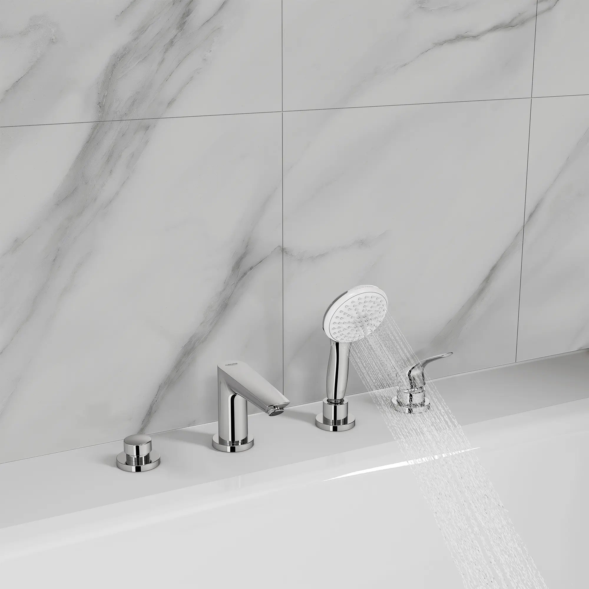 Eurosmart 4-Hole Single Handle Deck Mount Roman Tub Faucet with 1.5 gpm (5.7 L/min) Hand Shower // GROHE STARLIGHT CHROME // 246313_Tempesta_EnvironmentCloseUp_25277003_0010_JUNE2024_CDNwebp.webp