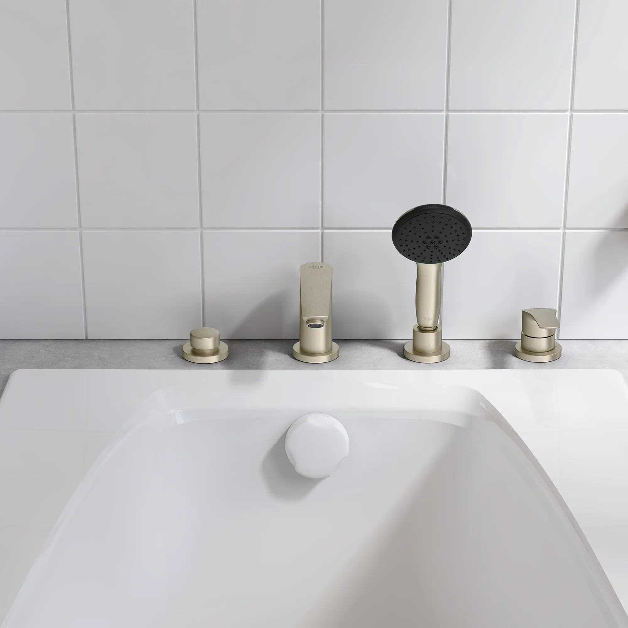 Eurosmart 4-Hole Single Handle Deck Mount Roman Tub Faucet with 1.5 gpm (5.7 L/min) Hand Shower // BRUSHED NICKEL INFINITYFINISH // 246315_Tempesta_EnvironmentCloseUp_25277EN3_0001_JUNE2024_CDNwebp.webp