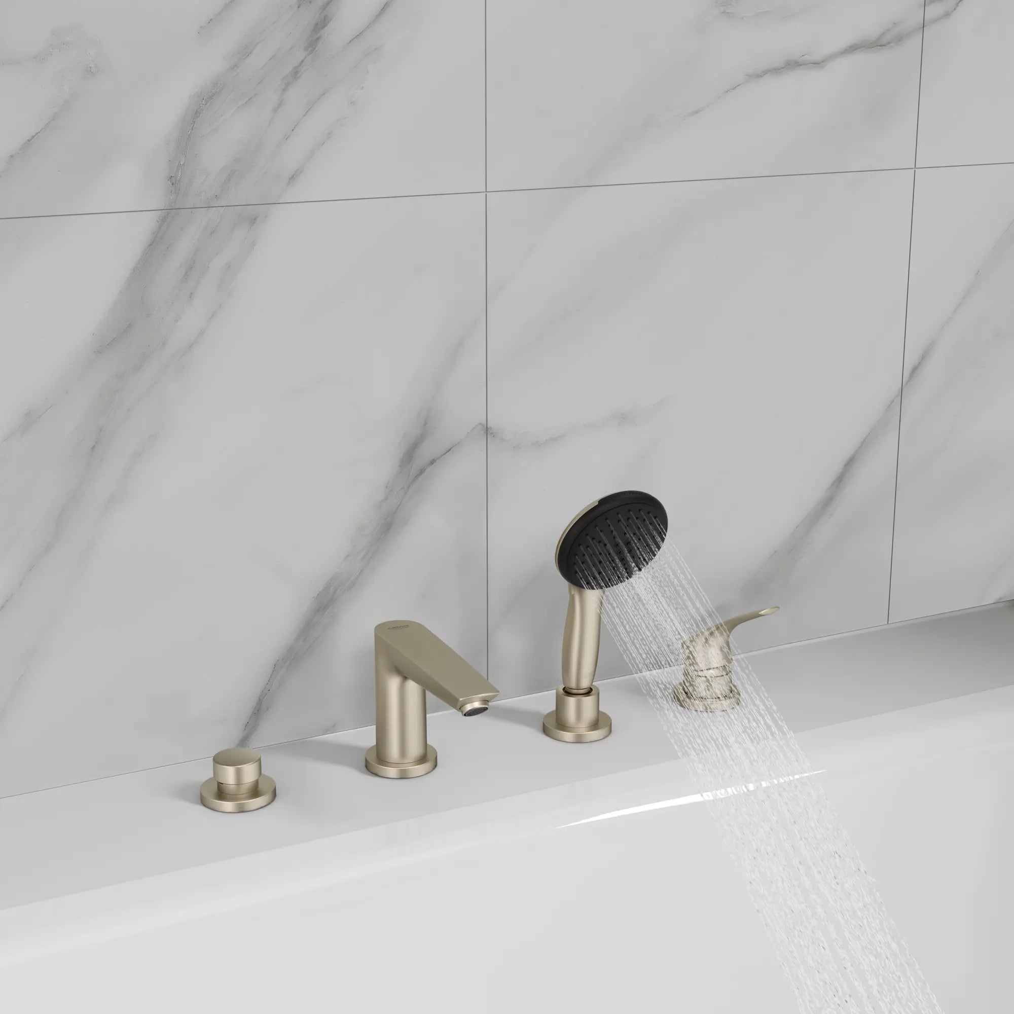 Eurosmart 4-Hole Single Handle Deck Mount Roman Tub Faucet with 1.5 gpm (5.7 L/min) Hand Shower // BRUSHED NICKEL INFINITYFINISH // 246565_Tempesta_EnvironmentCloseUp_25277EN3_0010_JUNE2024_CDNwebp.webp