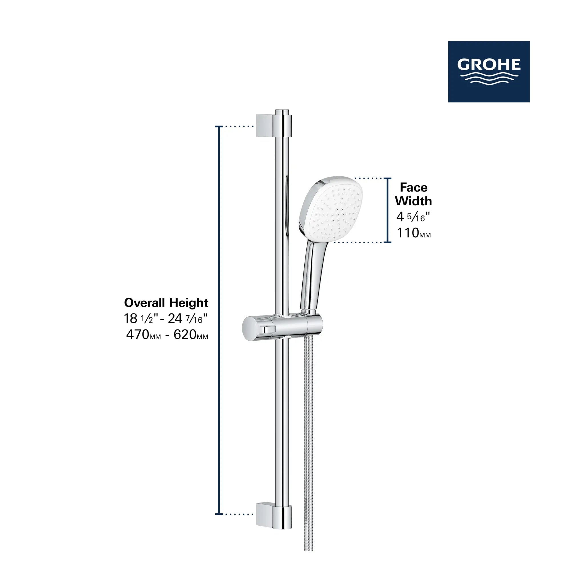 Tempesta Square 110 24" Shower Rail Set, 2-Spray, 1.5 GPM (5.7 L/min) // GROHE STARLIGHT CHROME // 247205_Tempesta_Infographic_26783_0002_JUN2024_CDNwebp.webp