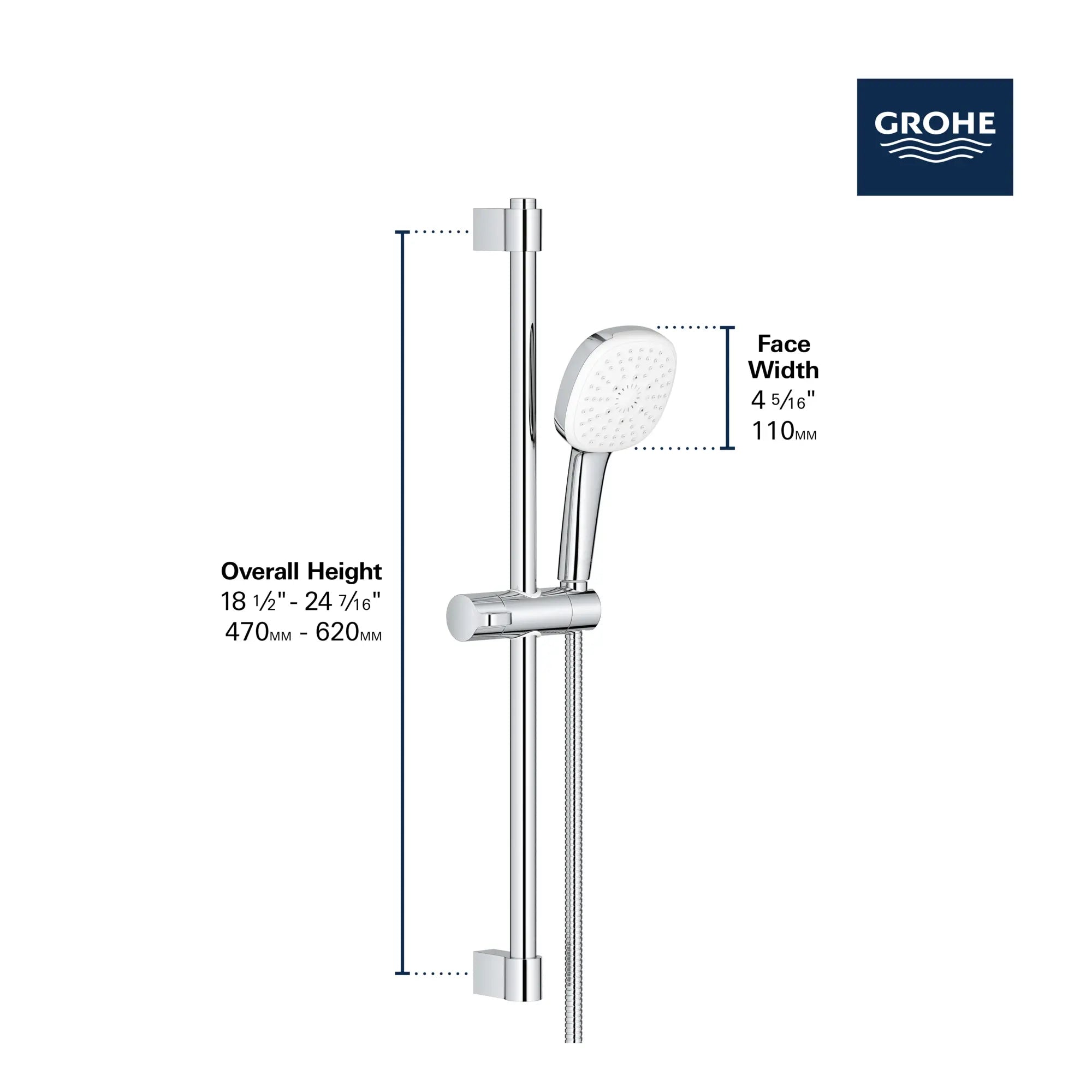 Tempesta Square 110 24" Shower Rail Set, 3-Spray, 1.75 GPM (6.6 L/min) // GROHE STARLIGHT CHROME // 247211_Tempesta_Infographic_26906_0002_JUN2024_CDNwebp.webp