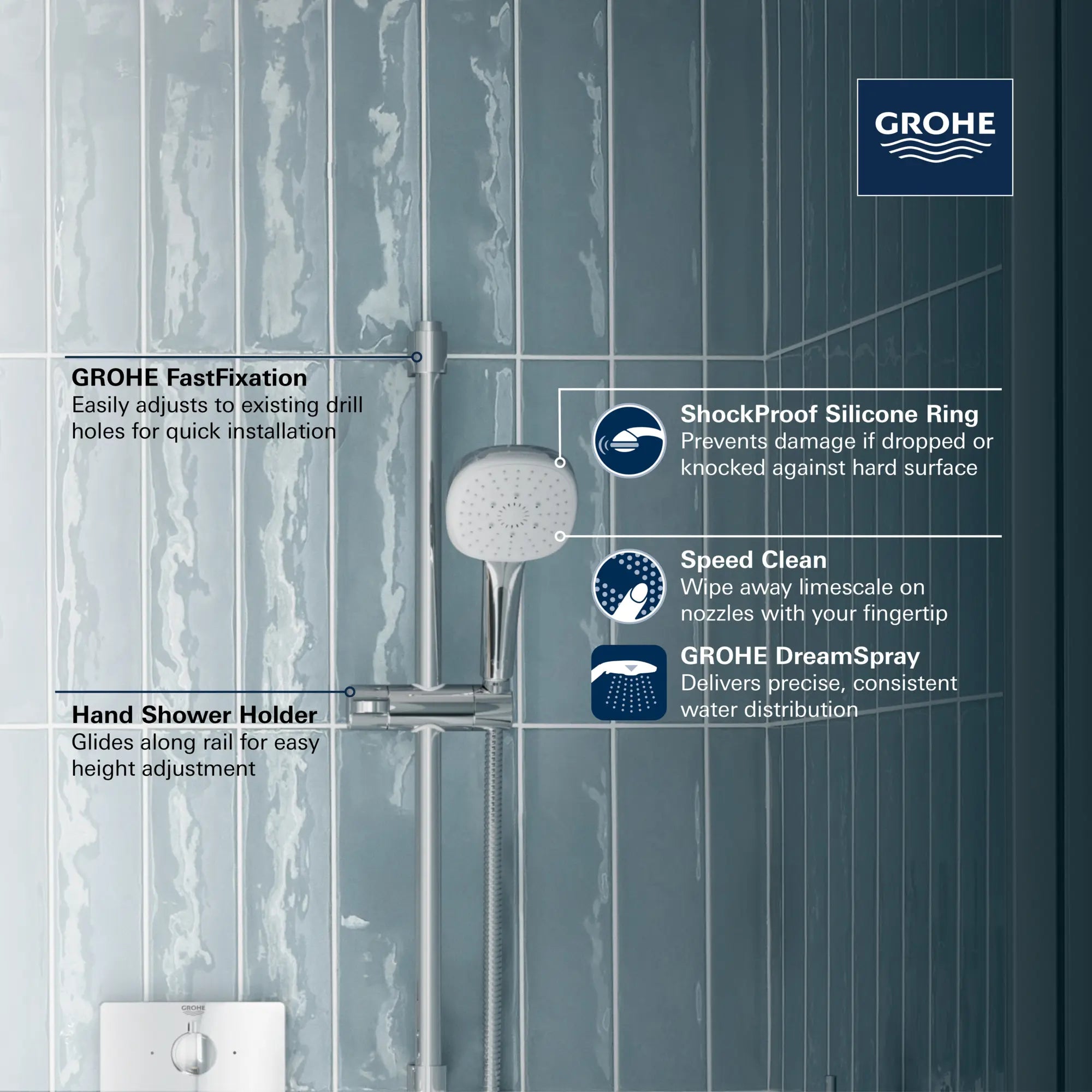 Tempesta Square 110 24" Shower Rail Set, 3-Spray, 1.75 GPM (6.6 L/min) // GROHE STARLIGHT CHROME // 247212_Tempesta_Infographic_26906_0001_JUN2024_CDNwebp.webp
