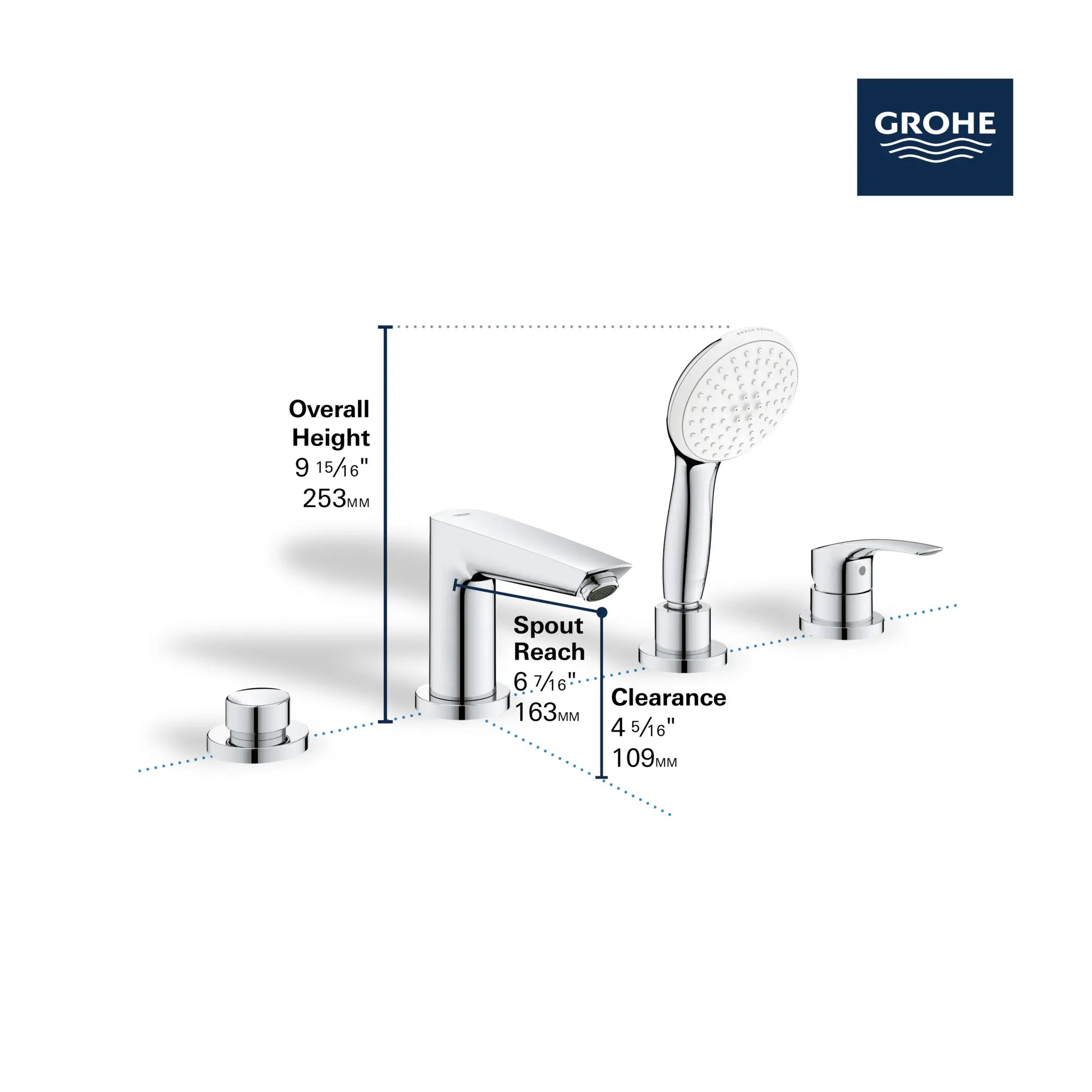 Eurosmart 4-Hole Single Handle Deck Mount Roman Tub Faucet with 1.5 gpm (5.7 L/min) Hand Shower // BRUSHED NICKEL INFINITYFINISH // 247217_Tempesta_Infographic_25277_0002_JUN2024_CDNwebp.webp