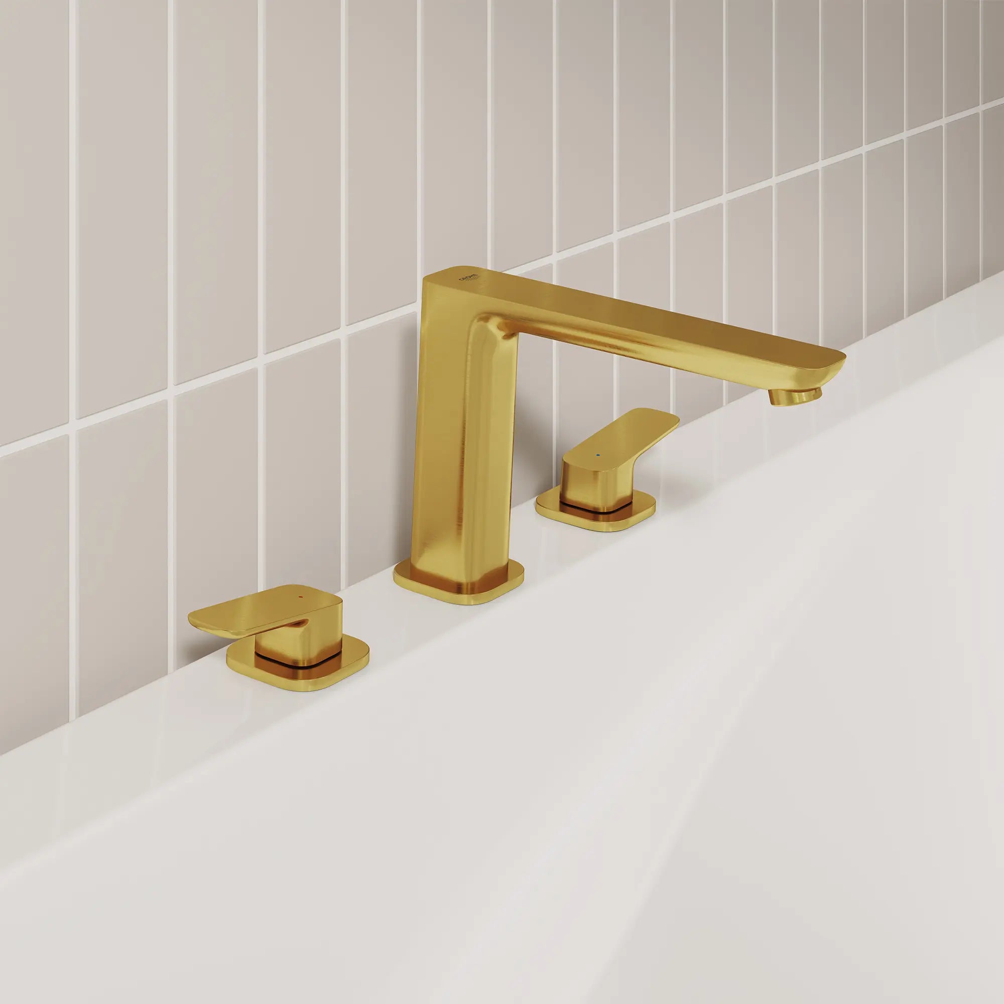 Cubeo 3-Hole 2-Handle Deck Mount Tub Filler // BRUSHED COOL SUNRISE // 253084_Cubeo_EnvironmentCloseUp_101923GN00_0001_OCTOBER2024_CDNwebp.webp