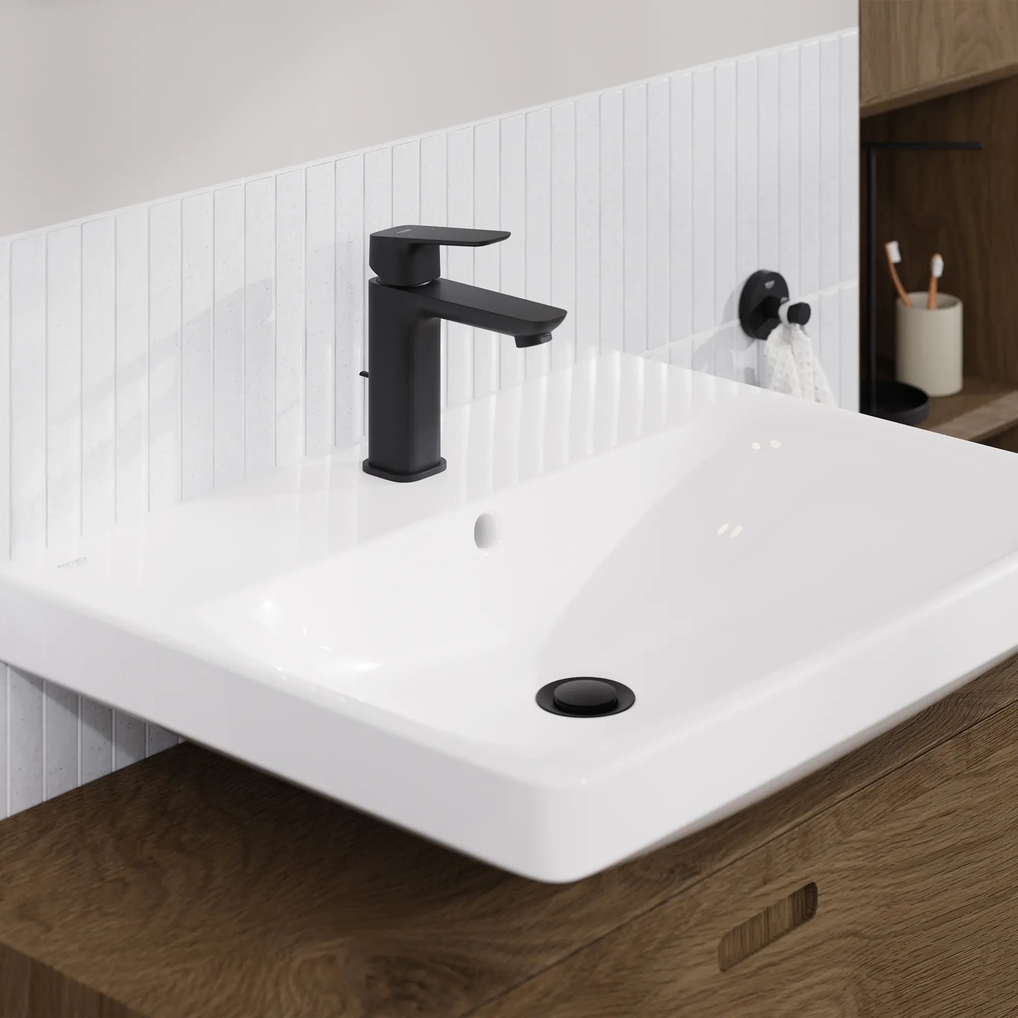 Cubeo Single Hole Single Handle S-Size Bathroom Faucet, 1.2 gpm (4.5L/min) // MATTE BLACK // 260325_GROHE_Cubeo_Rubber_EnvironmentCloseUp_1018982430_0005_JANUARY2025_CDNwebp.webp