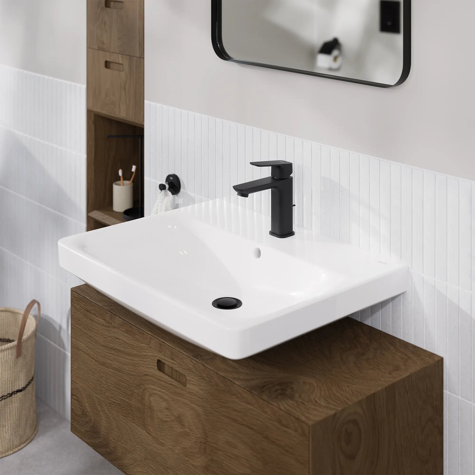 Cubeo Single Hole Single Handle S-Size Bathroom Faucet, 1.2 gpm (4.5L/min) // MATTE BLACK // 260327_GROHE_Cubeo_Rubber_EnvironmentCloseUp_1018982430_0003_JANUARY2025_CDNwebp.webp