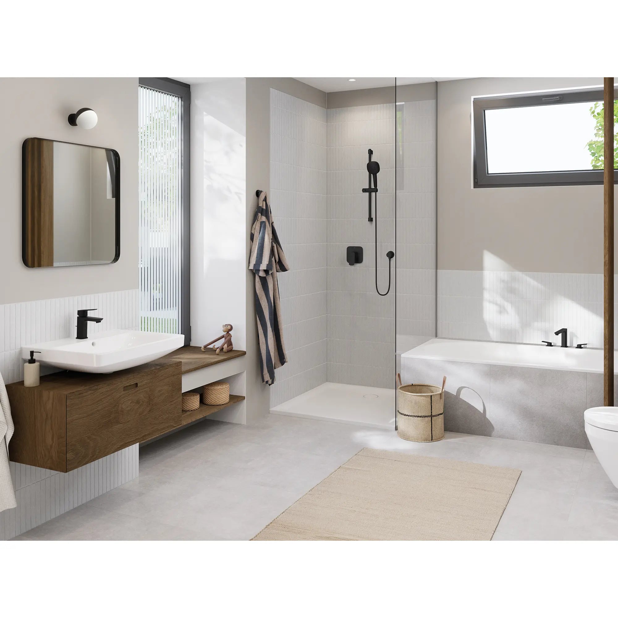 Cubeo 3-Hole 2-Handle Deck Mount Tub Filler // MATTE BLACK // 260328_GROHE_Cubeo_Rubber_EnvironmentFull_1018982430_1019232430_1019282430_269062432_266362431_0002_JANUARY2025_CDNwebp.webp