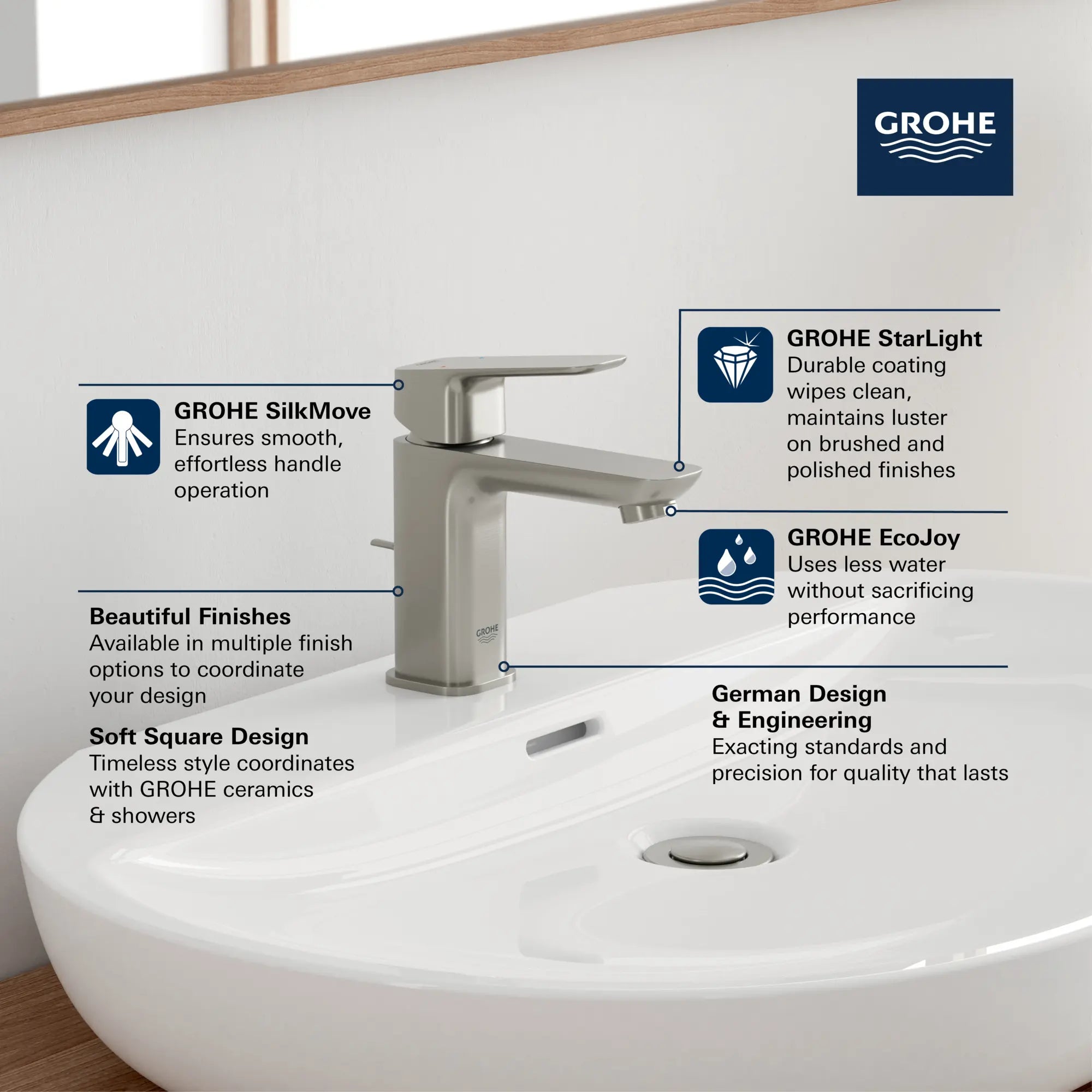 Cubeo Single Hole Single Handle S-Size Bathroom Faucet, 1.2 gpm (4.5L/min) // BRUSHED COOL SUNRISE // 260633_GROHE_CUBEO_Softsquare_1018980000_0001_MAR2025_0_CDNwebp.webp