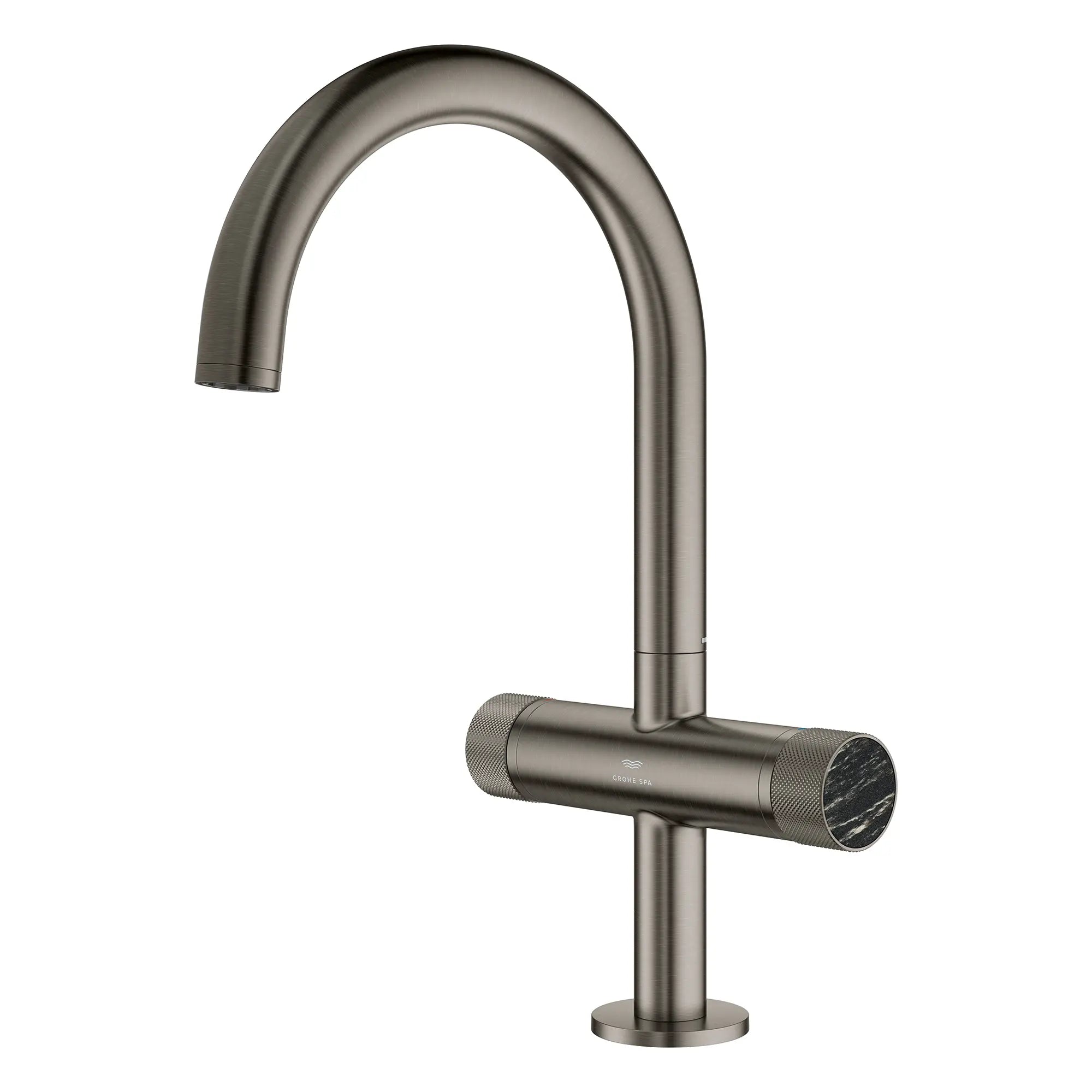 Atrio Private Collection Single Hole 8-Inch Widespread 2-Handle L-Size Bathroom Faucet with Knob Handles, 1.2 GPM (4.5 L/min) // BRUSHED HARD GRAPHITE // 265879_Atrio_PC_SiloLeft_105337AL00_48457_0001_July2025_0_CDNwebp.webp