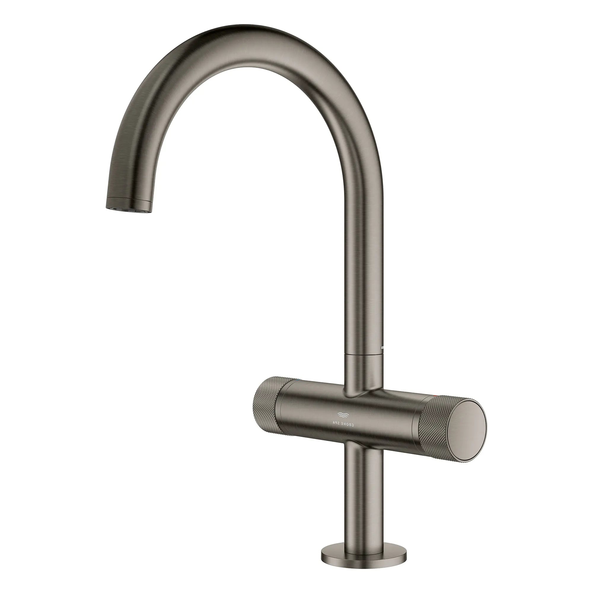 Atrio Private Collection Single Hole 8-Inch Widespread 2-Handle L-Size Bathroom Faucet with Knob Handles, 1.2 GPM (4.5 L/min) // BRUSHED HARD GRAPHITE // 265882_Atrio_PC_SiloLeft_105337AL00_0001_July2025_0_CDNwebp.webp