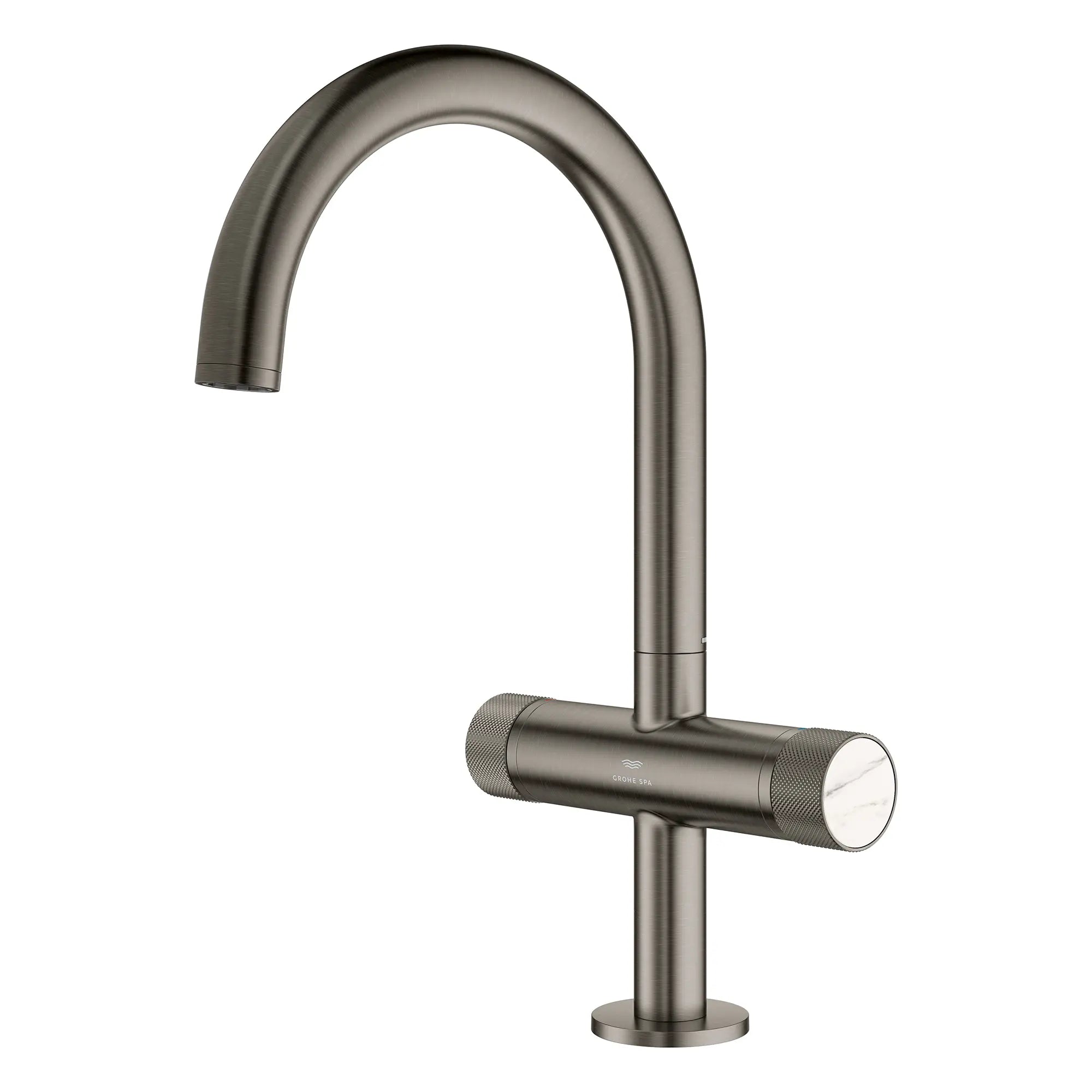 Atrio Private Collection Single Hole 8-Inch Widespread 2-Handle L-Size Bathroom Faucet with Knob Handles, 1.2 GPM (4.5 L/min) // BRUSHED HARD GRAPHITE // 265888_Atrio_PC_SiloLeft_105337AL00_48456_0001_July2025_0_CDNwebp.webp