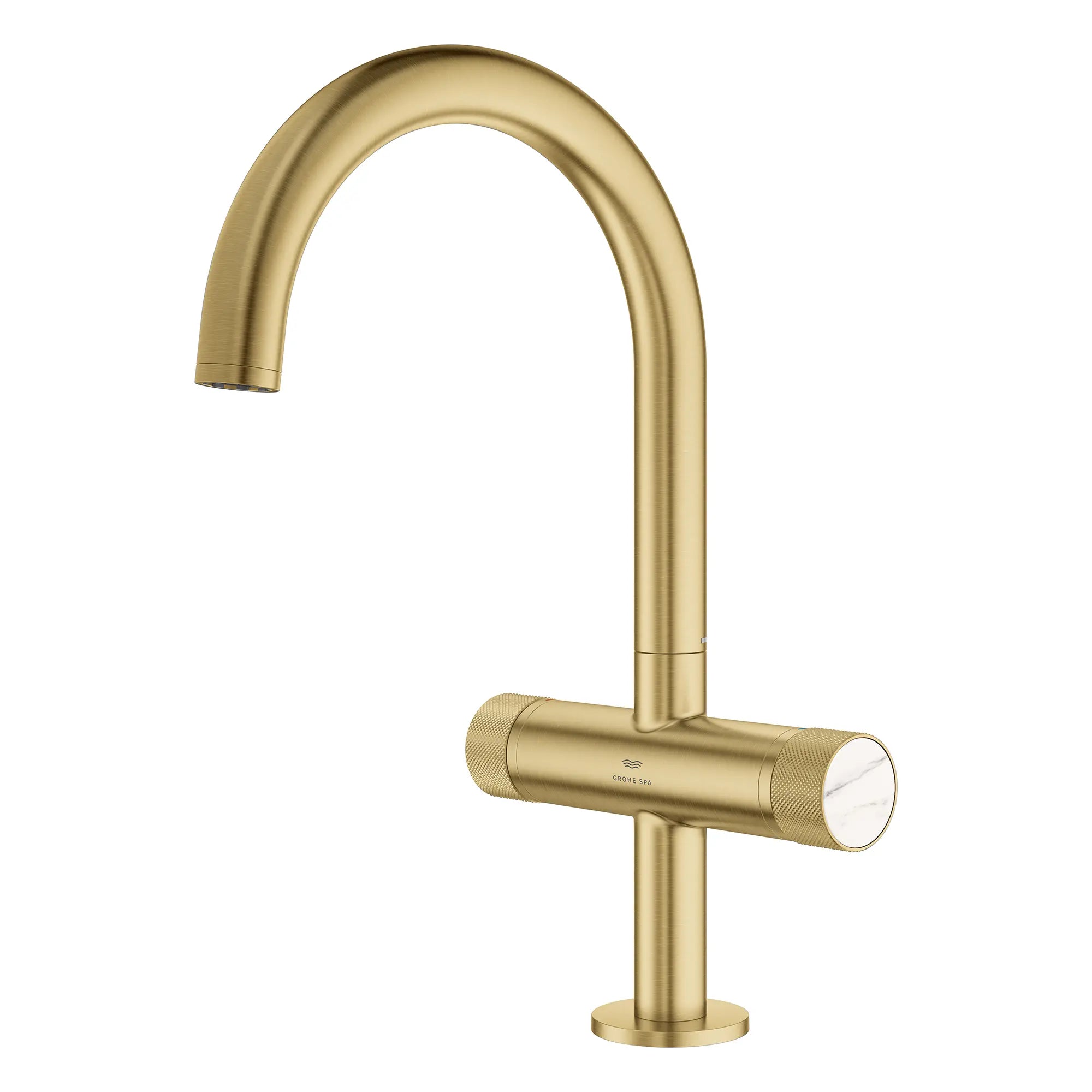 Atrio Private Collection Single Hole 8-Inch Widespread 2-Handle L-Size Bathroom Faucet with Knob Handles, 1.2 GPM (4.5 L/min) // BRUSHED COOL SUNRISE // 265993_Atrio_PC_SiloLeft_105337GN00_48456_0001_July2025_0_CDNwebp.webp