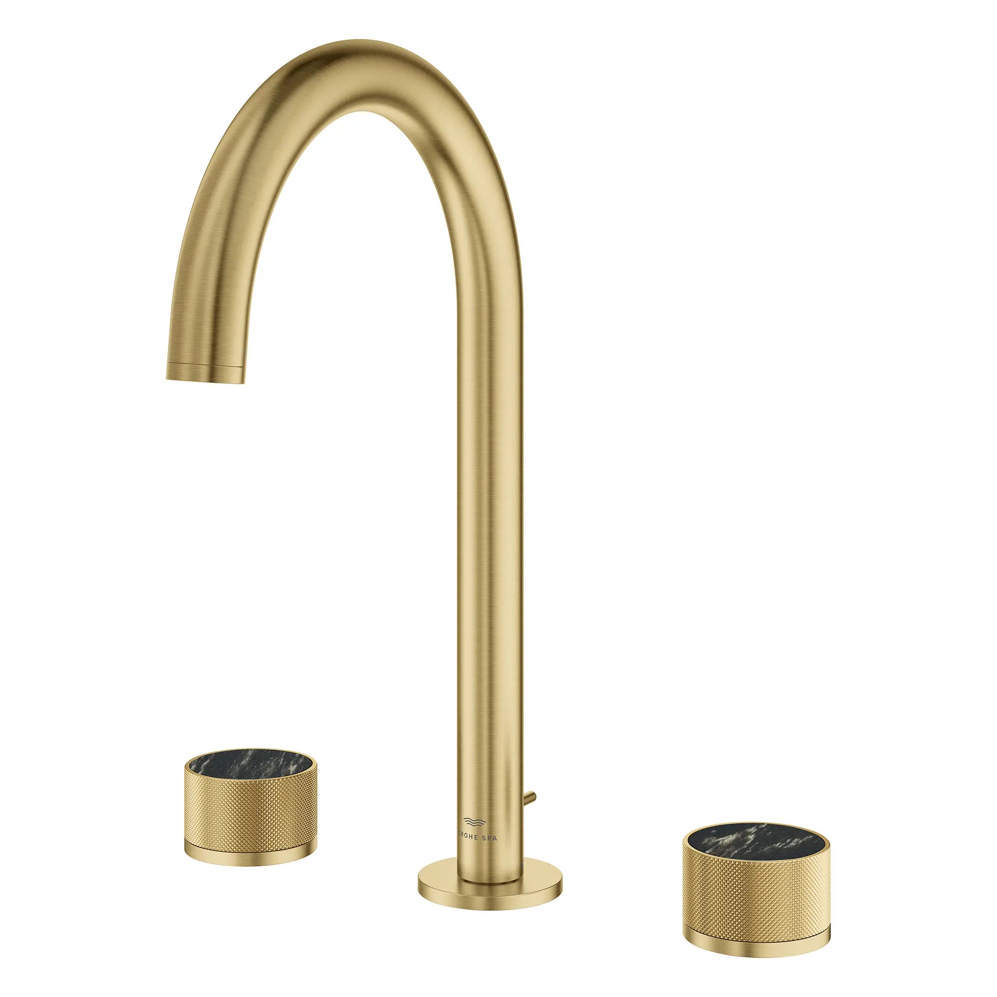 Atrio Private Collection 8-inch Widespread 2-Handle M-Size Bathroom Faucet with Knob Handles, 1.2 GPM (4.5 L/min) // BRUSHED COOL SUNRISE // 266151_Atrio_PC_SiloLeft_105339GN00_48461_0001_July2025_0_CDNwebp.webp