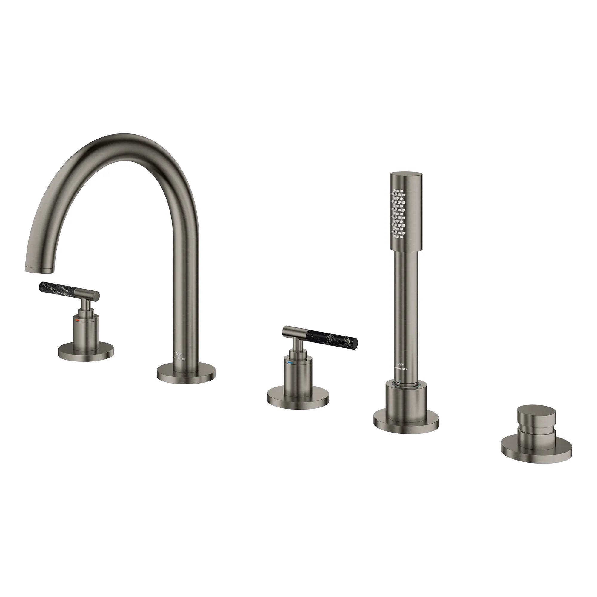Atrio 5-Hole 2-Handle Deck Mount Roman Tub Faucet without Handles with 1.75 GPM Hand Shower // BRUSHED HARD GRAPHITE // 266617_Atrio_PC_SiloLeft_25274AL00_48465AL00_0001_July2025_0_CDNwebp.webp