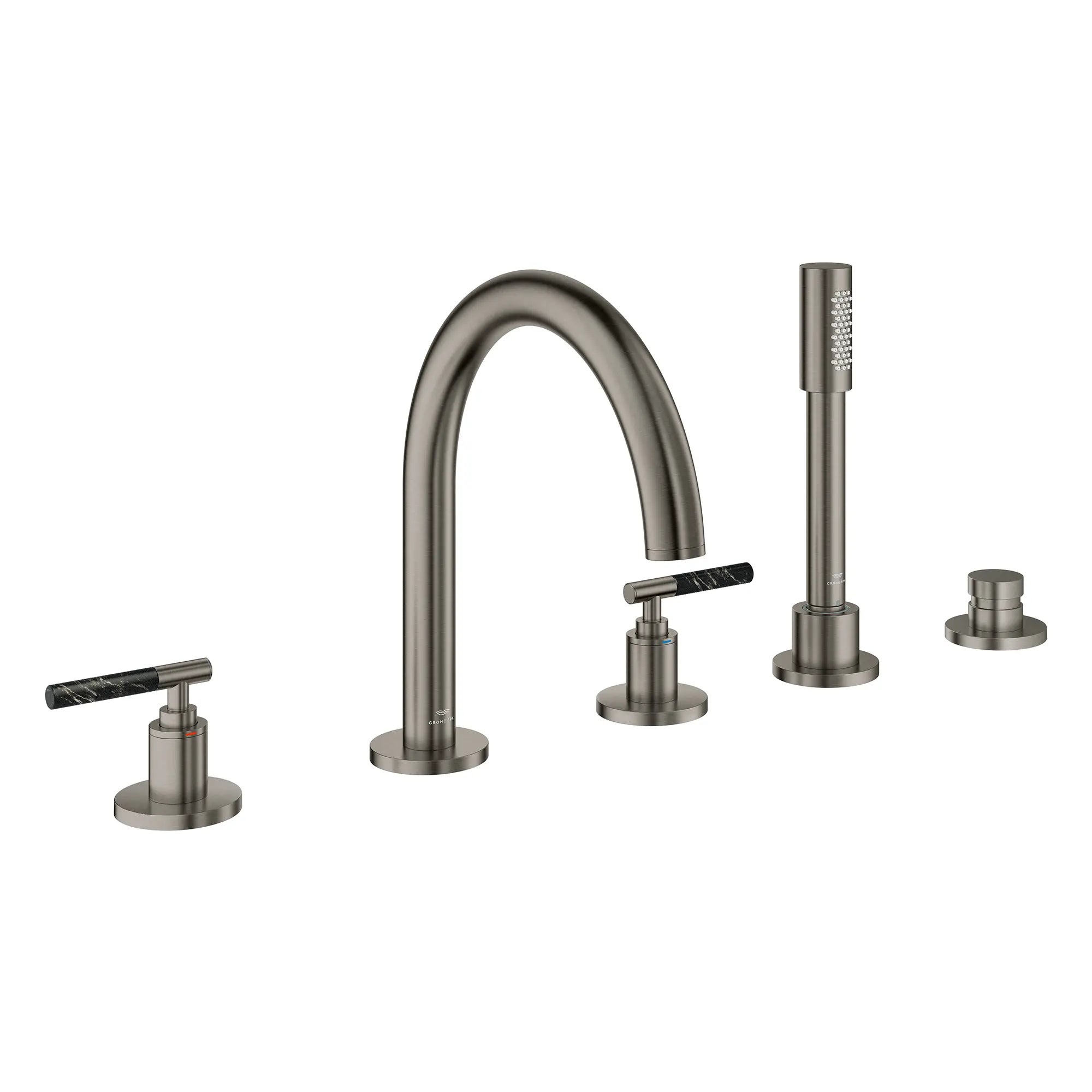 Atrio 5-Hole 2-Handle Deck Mount Roman Tub Faucet without Handles with 1.75 GPM Hand Shower // BRUSHED HARD GRAPHITE // 266618_Atrio_PC_SiloRight_25274AL00_48465AL00_0001_July2025_0_CDNwebp.webp