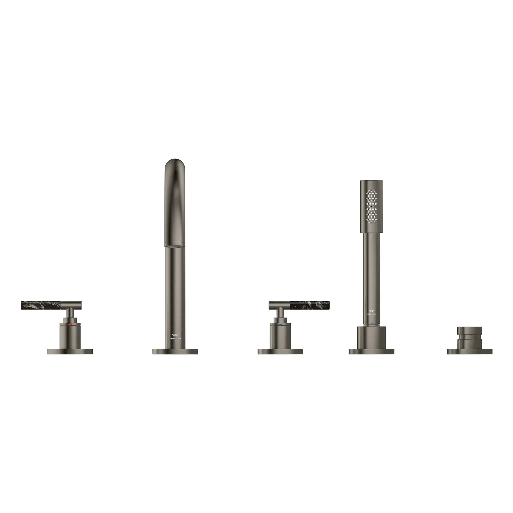 Atrio 5-Hole 2-Handle Deck Mount Roman Tub Faucet without Handles with 1.75 GPM Hand Shower // BRUSHED HARD GRAPHITE // 266619_Atrio_PC_SiloFront_25274AL00_48465AL00_0001_July2025_0_CDNwebp.webp