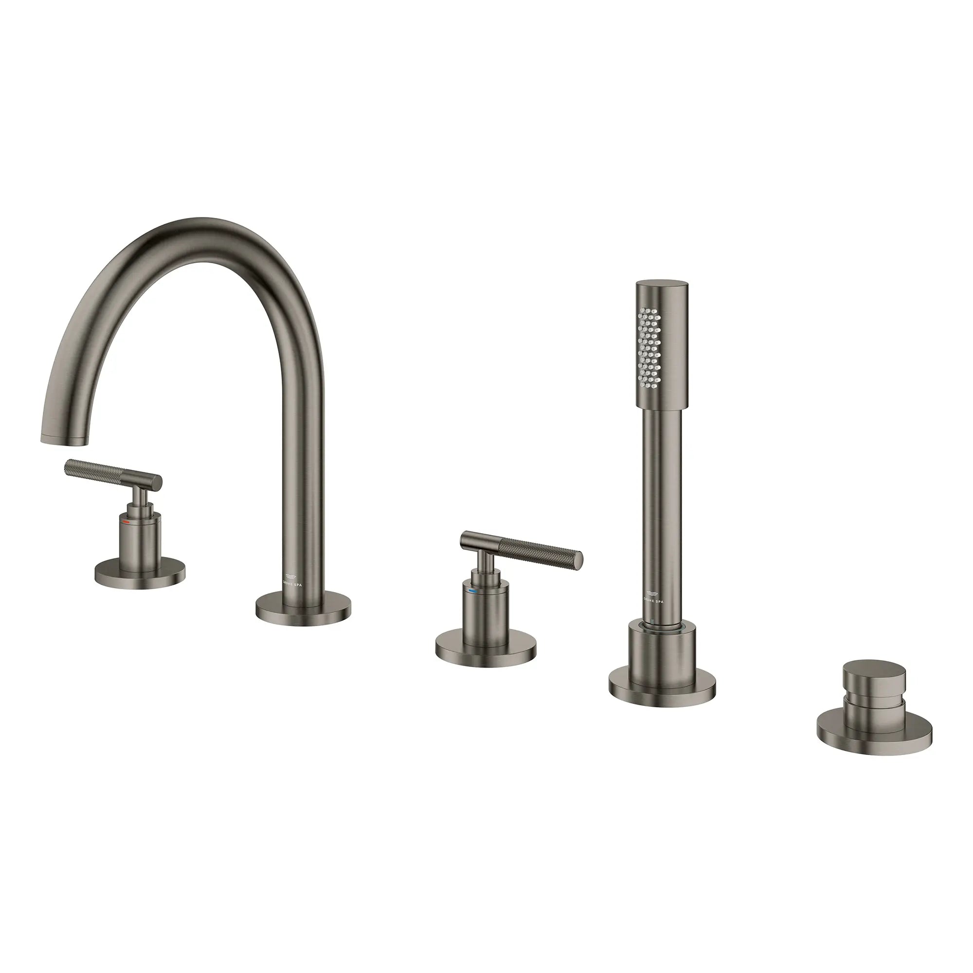 Atrio 5-Hole 2-Handle Deck Mount Roman Tub Faucet without Handles with 1.75 GPM Hand Shower // BRUSHED HARD GRAPHITE // 266620_Atrio_PC_SiloLeft_25274AL00_48651AL00_0001_July2025_0_CDNwebp.webp