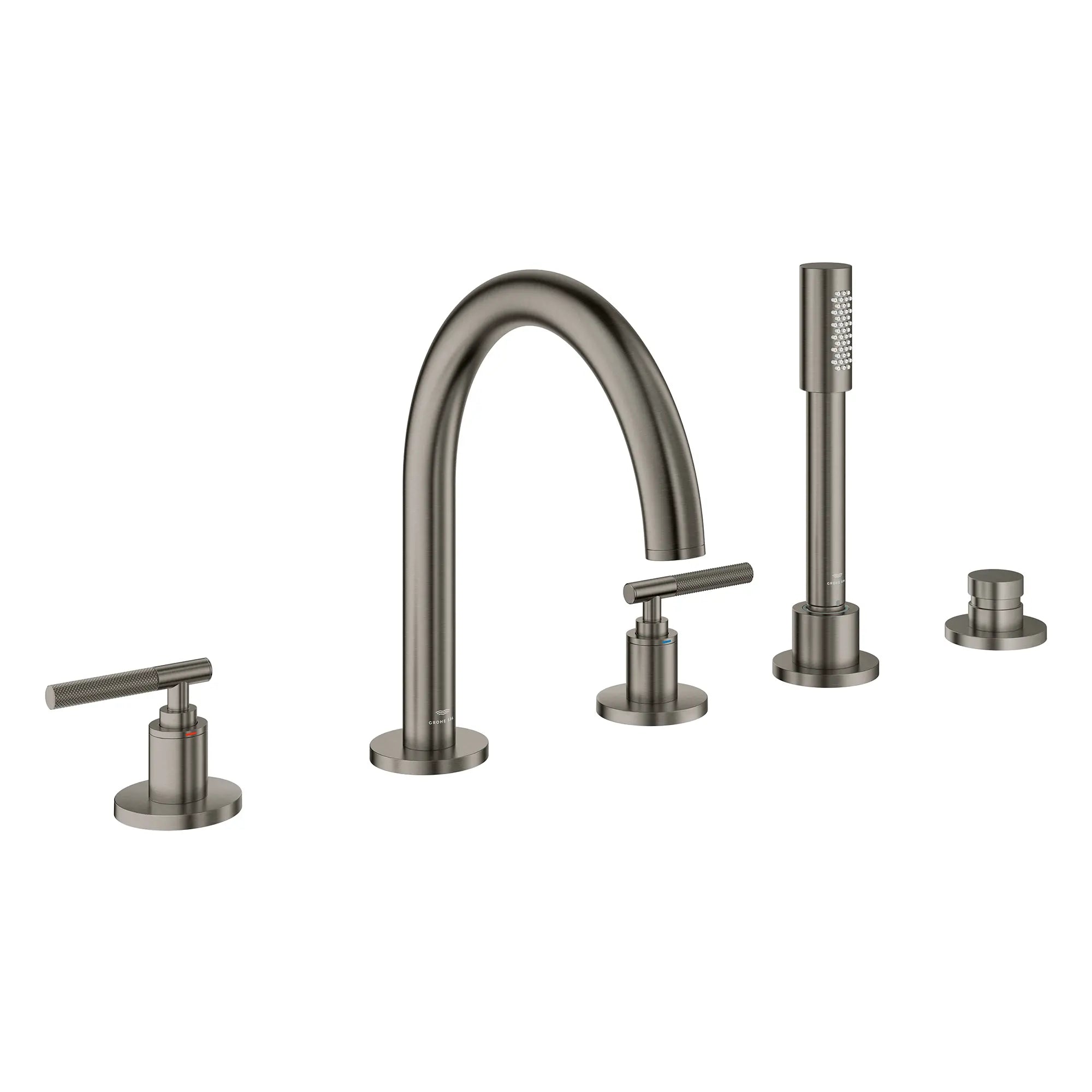Atrio 5-Hole 2-Handle Deck Mount Roman Tub Faucet without Handles with 1.75 GPM Hand Shower // BRUSHED HARD GRAPHITE // 266621_Atrio_PC_SiloRight_25274AL00_48651AL00_0001_July2025_0_CDNwebp.webp