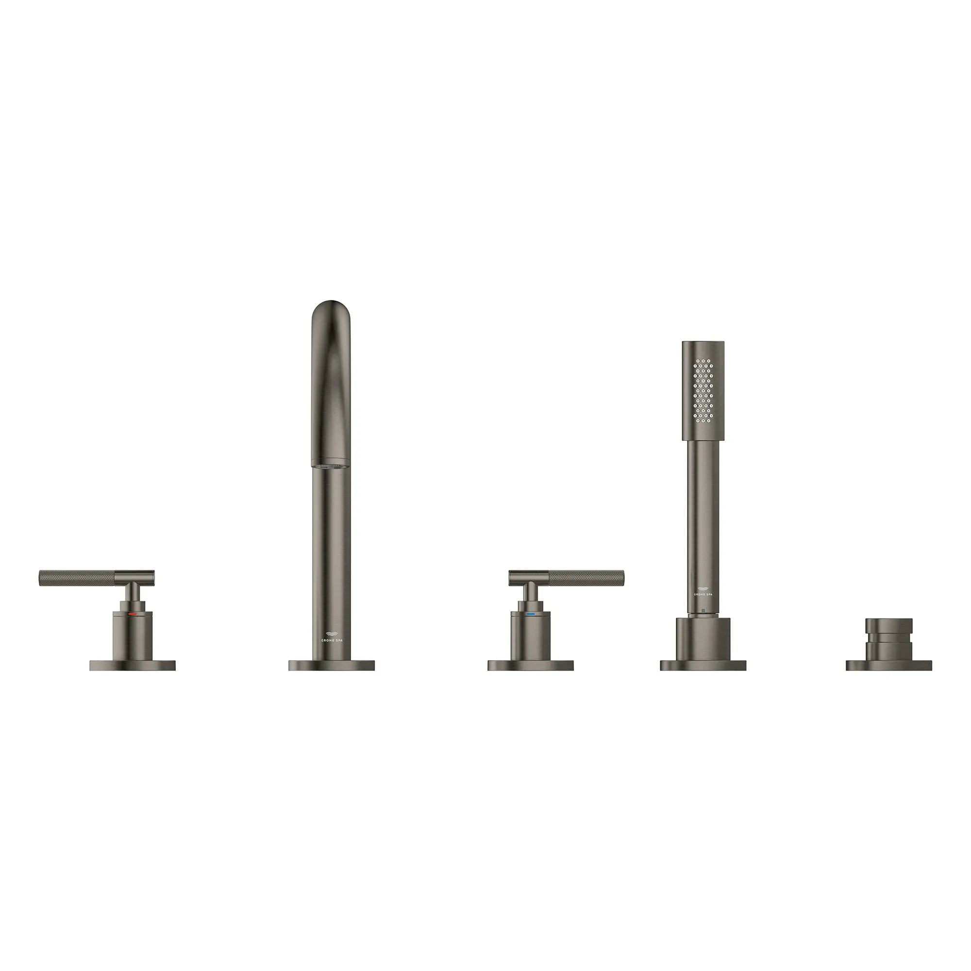 Atrio 5-Hole 2-Handle Deck Mount Roman Tub Faucet without Handles with 1.75 GPM Hand Shower // BRUSHED HARD GRAPHITE // 266623_Atrio_PC_SiloFront_25274AL00_48651AL00_0001_July2025_0_CDNwebp.webp