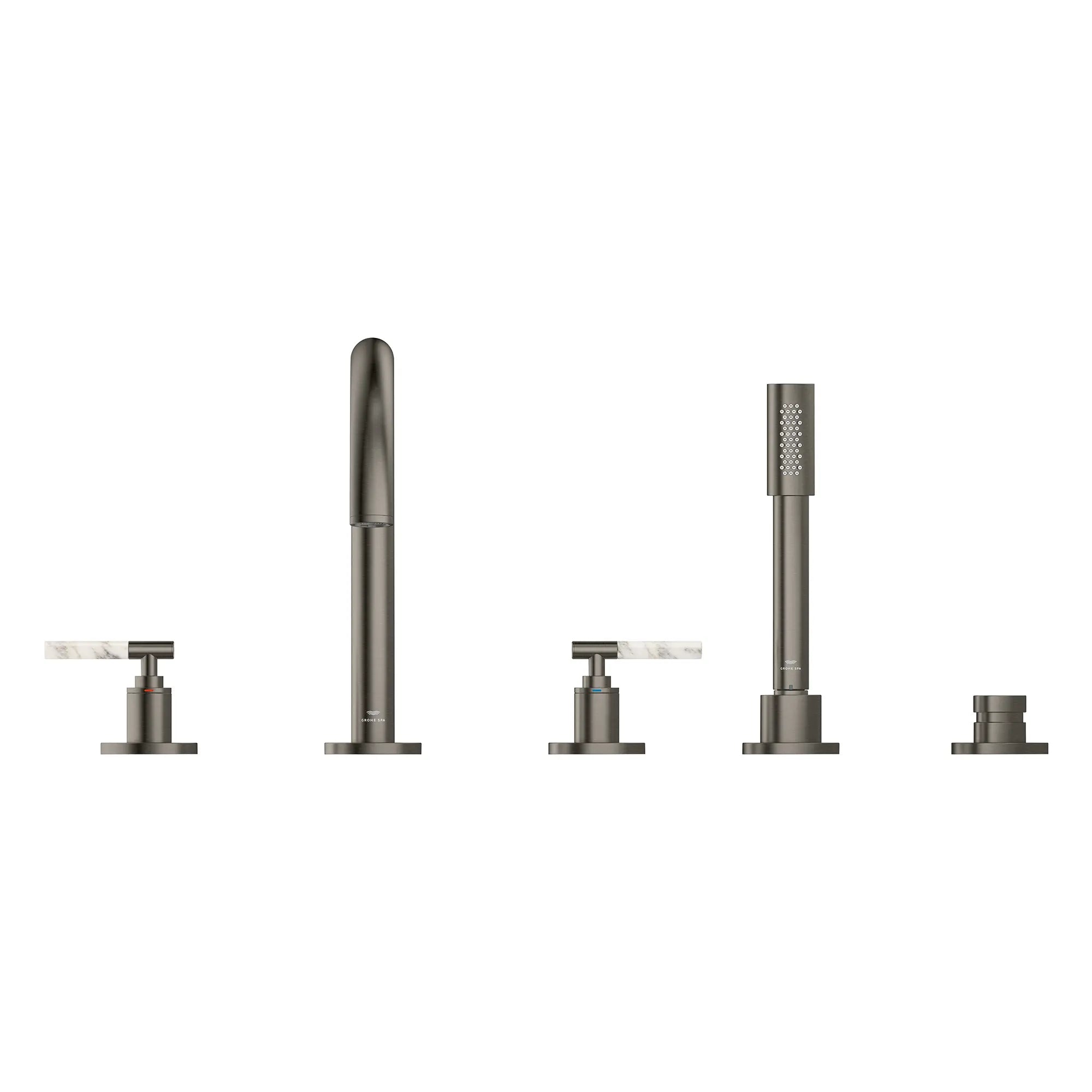 Atrio 5-Hole 2-Handle Deck Mount Roman Tub Faucet without Handles with 1.75 GPM Hand Shower // BRUSHED HARD GRAPHITE // 266633_Atrio_PC_SiloFront_25274AL00_48464AL00_0001_July2025_0_CDNwebp.webp