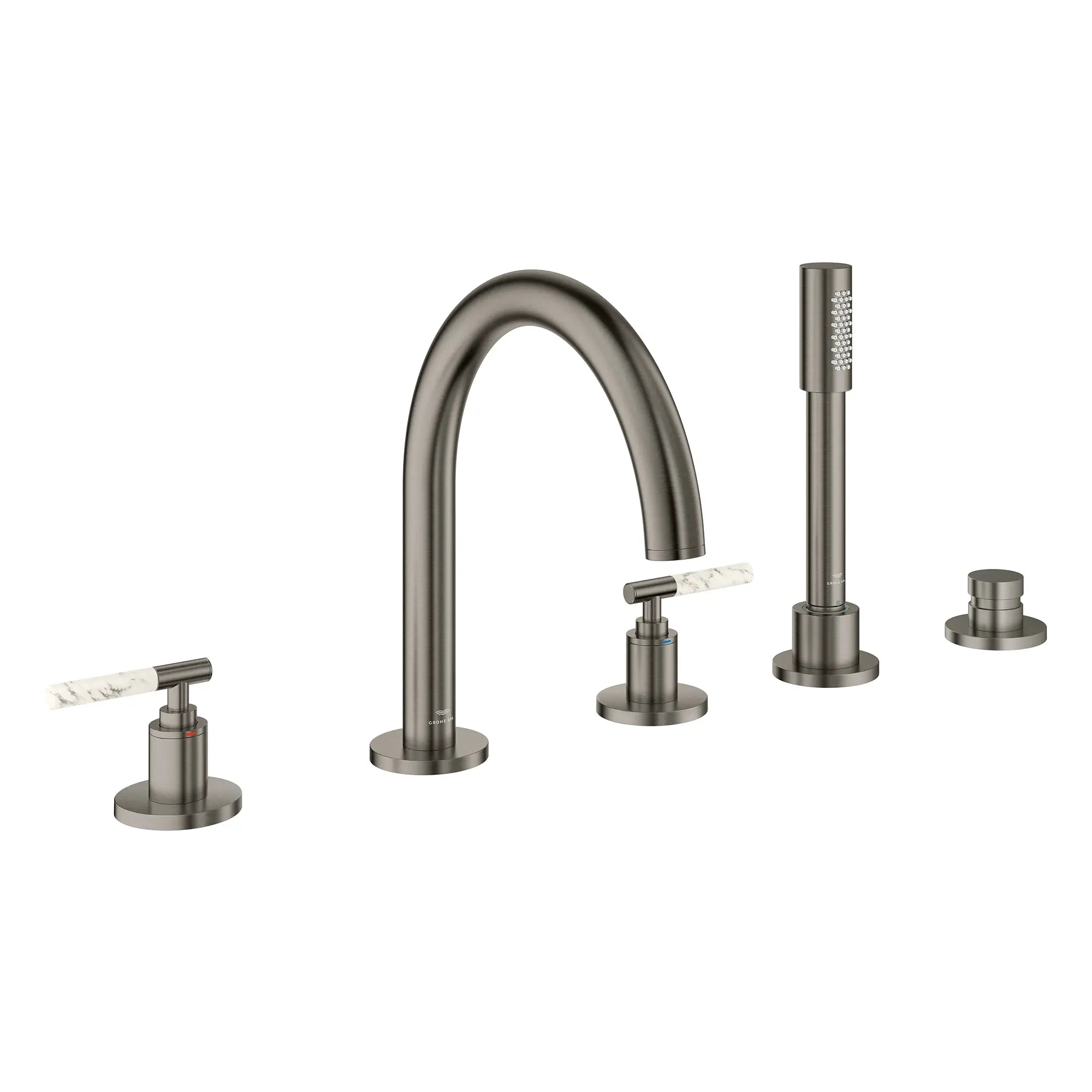 Atrio 5-Hole 2-Handle Deck Mount Roman Tub Faucet without Handles with 1.75 GPM Hand Shower // BRUSHED HARD GRAPHITE // 266635_Atrio_PC_SiloRight_25274AL00_48464AL00_0001_July2025_0_CDNwebp.webp