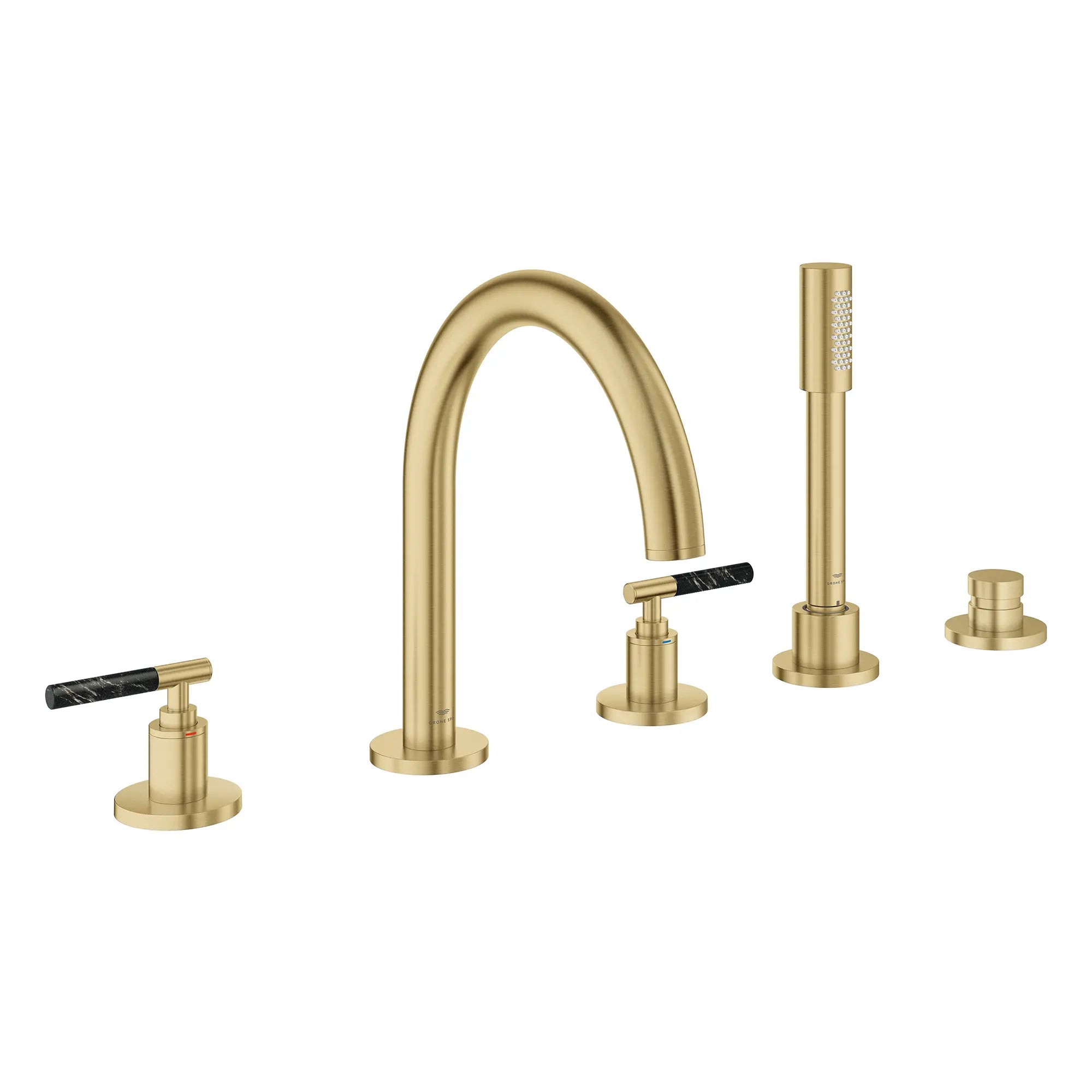 Atrio 5-Hole 2-Handle Deck Mount Roman Tub Faucet without Handles with 1.75 GPM Hand Shower // BRUSHED COOL SUNRISE // 266662_Atrio_PC_SiloRight_25274GN00_48465GN00_0001_July2025_0_CDNwebp.webp