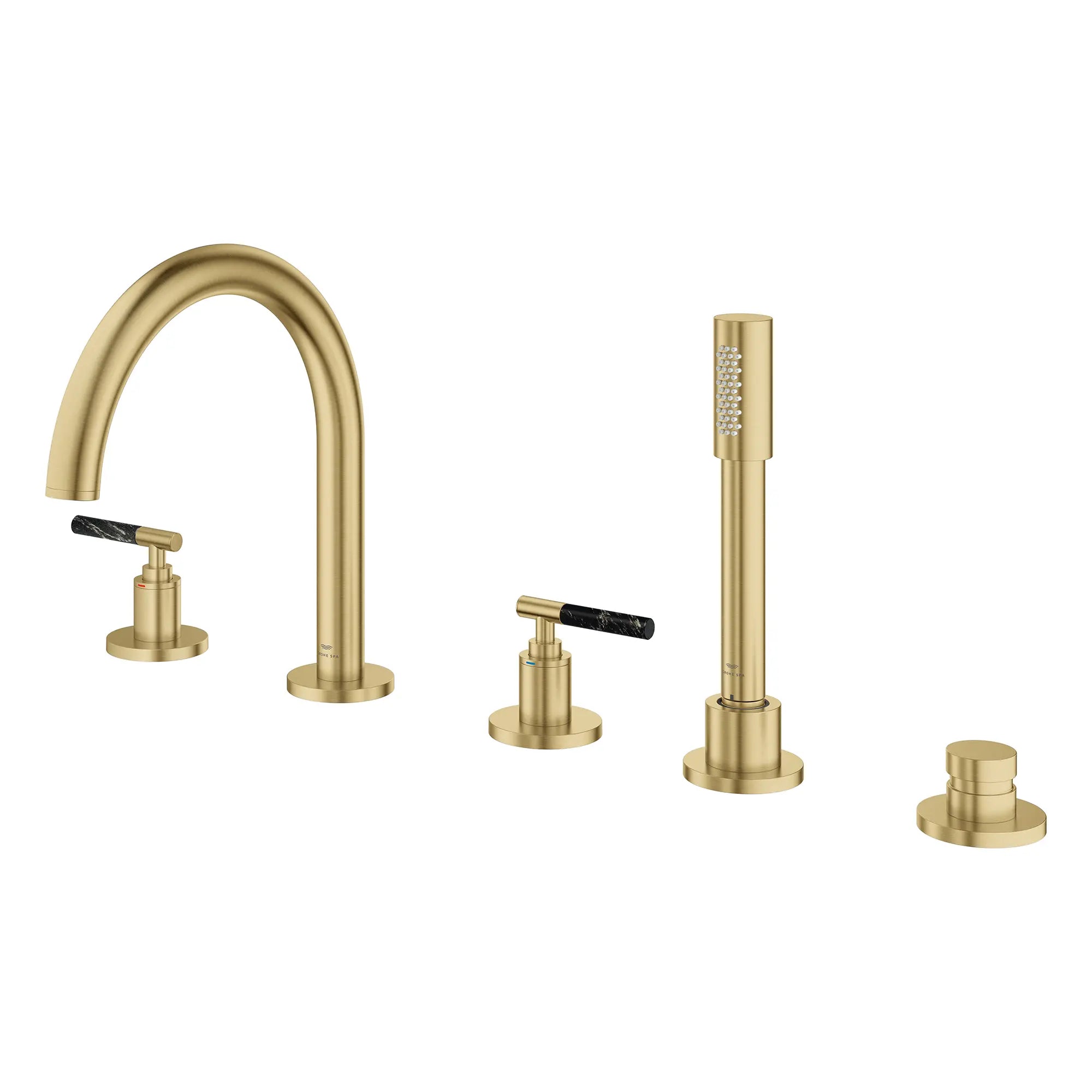 Atrio 5-Hole 2-Handle Deck Mount Roman Tub Faucet without Handles with 1.75 GPM Hand Shower // BRUSHED COOL SUNRISE // 266663_Atrio_PC_SiloLeft_25274GN00_48465GN00_0001_July2025_0_CDNwebp.webp