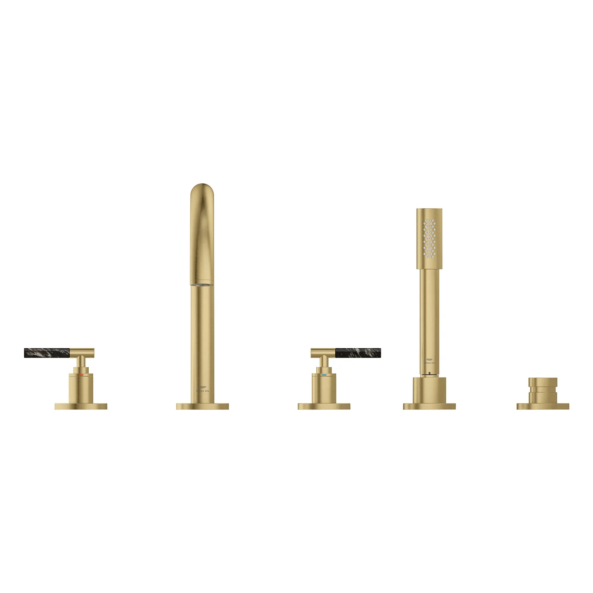 Atrio 5-Hole 2-Handle Deck Mount Roman Tub Faucet without Handles with 1.75 GPM Hand Shower // BRUSHED COOL SUNRISE // 266664_Atrio_PC_SiloFront_25274GN00_48465GN00_0001_July2025_0_CDNwebp.webp