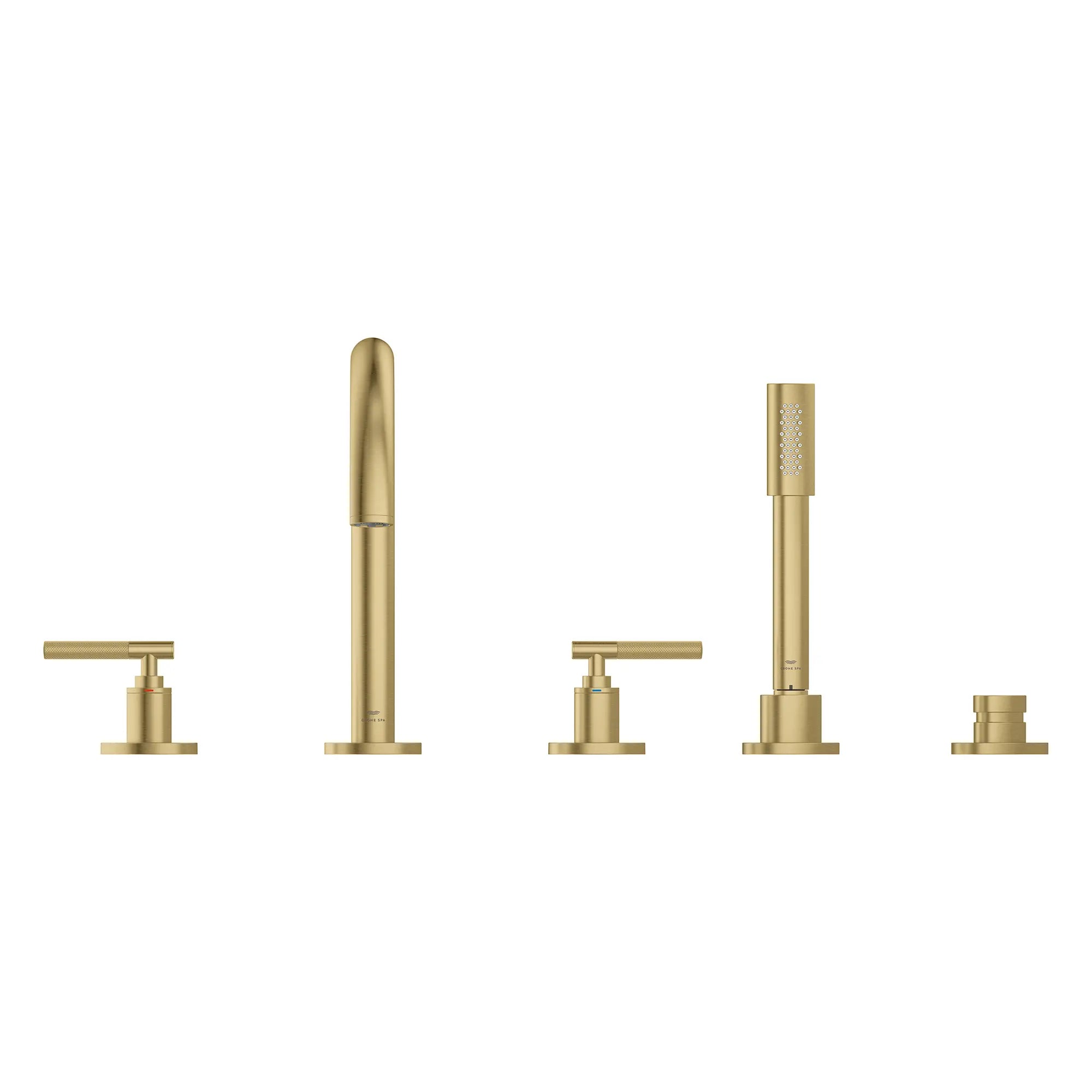 Atrio 5-Hole 2-Handle Deck Mount Roman Tub Faucet without Handles with 1.75 GPM Hand Shower // BRUSHED COOL SUNRISE // 266668_Atrio_PC_SiloFront_25274GN00_48646GN00_0001_July2025_0_CDNwebp.webp