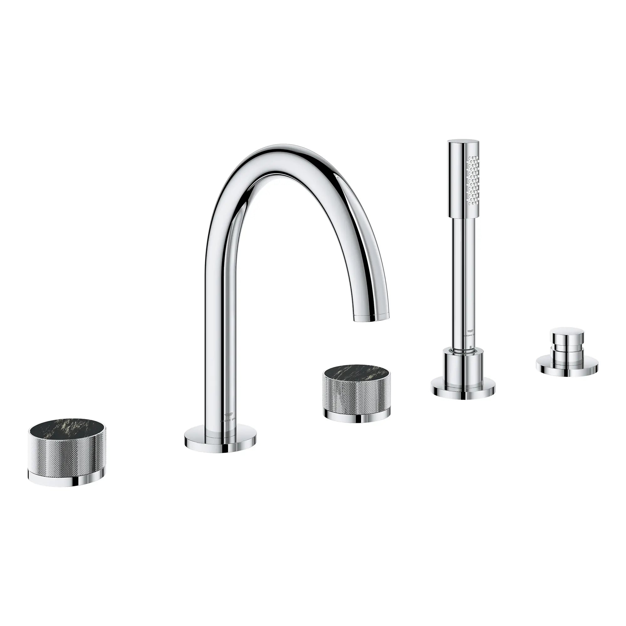 Atrio Private Collection 5-Hole 2-Handle Deckmount Tub Filler with Knob Handles with 1.75 GPM Hand Shower // GROHE STARLIGHT CHROME // 266678_Atrio_PC_SiloRight_1053500000_46463_0001_July2025_0_CDNwebp.webp