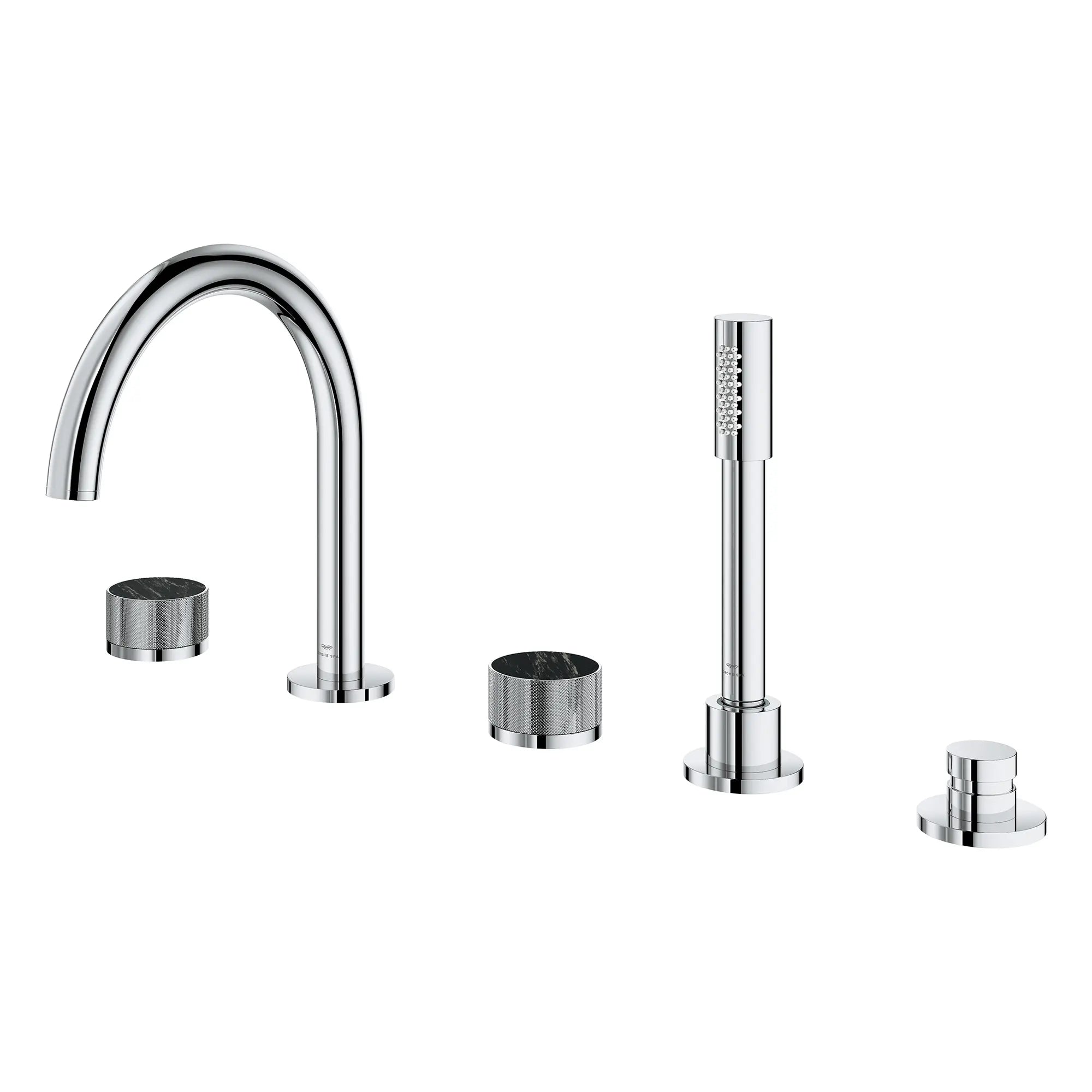 Atrio Private Collection 5-Hole 2-Handle Deckmount Tub Filler with Knob Handles with 1.75 GPM Hand Shower // GROHE STARLIGHT CHROME // 266679_Atrio_PC_SiloLeft_1053500000_46463_0001_July2025_0_CDNwebp.webp