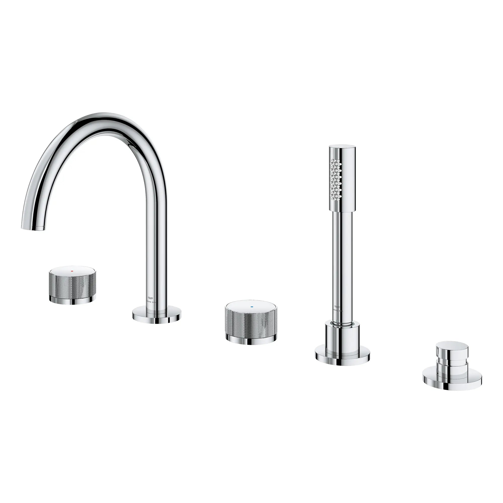Atrio Private Collection 5-Hole 2-Handle Deckmount Tub Filler with Knob Handles with 1.75 GPM Hand Shower // GROHE STARLIGHT CHROME // 266680_Atrio_PC_SiloLeft_1053500000_0001_July2025_0_CDNwebp.webp