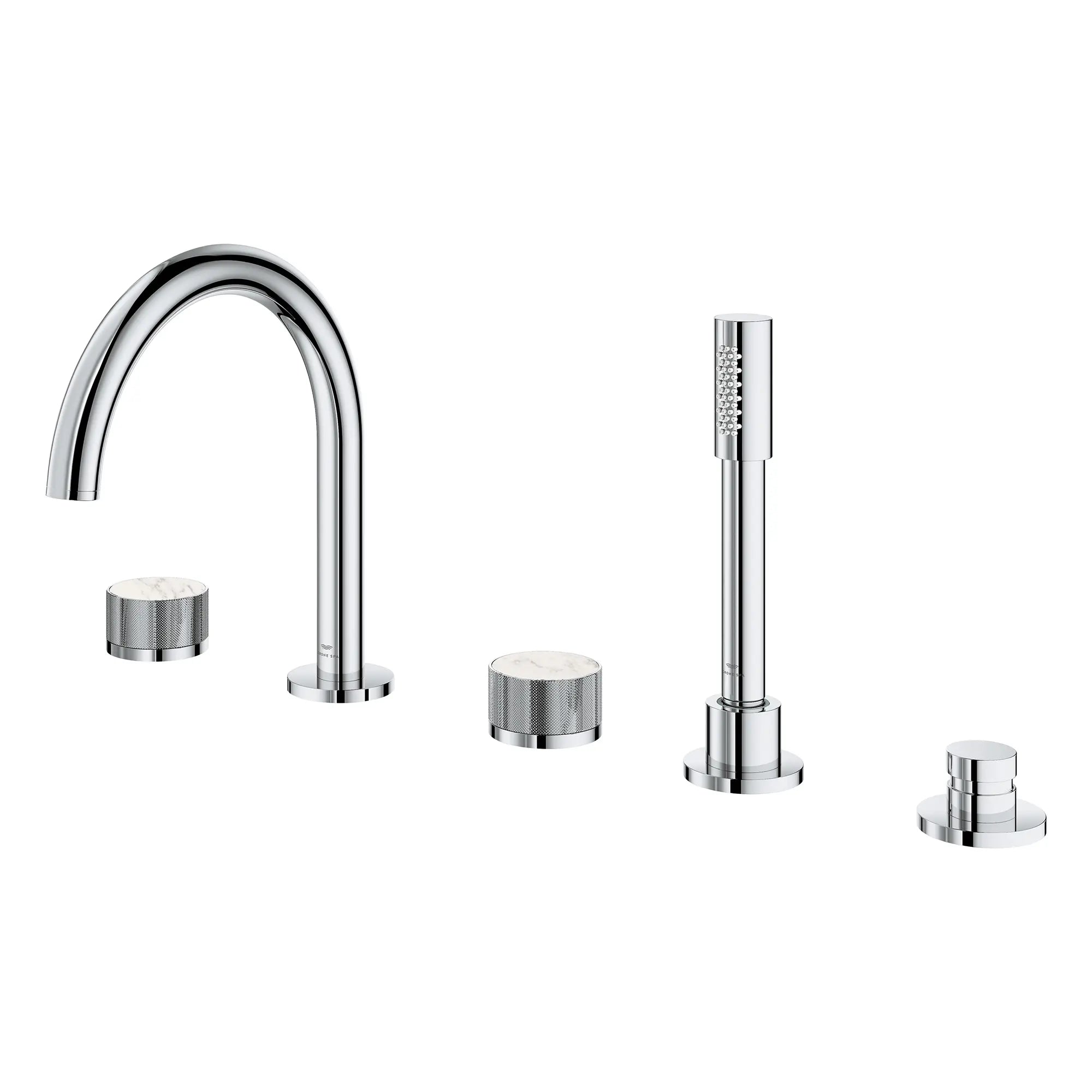 Atrio Private Collection 5-Hole 2-Handle Deckmount Tub Filler with Knob Handles with 1.75 GPM Hand Shower // GROHE STARLIGHT CHROME // 266689_Atrio_PC_SiloLeft_1053500000_46462_0001_July2025_0_CDNwebp.webp