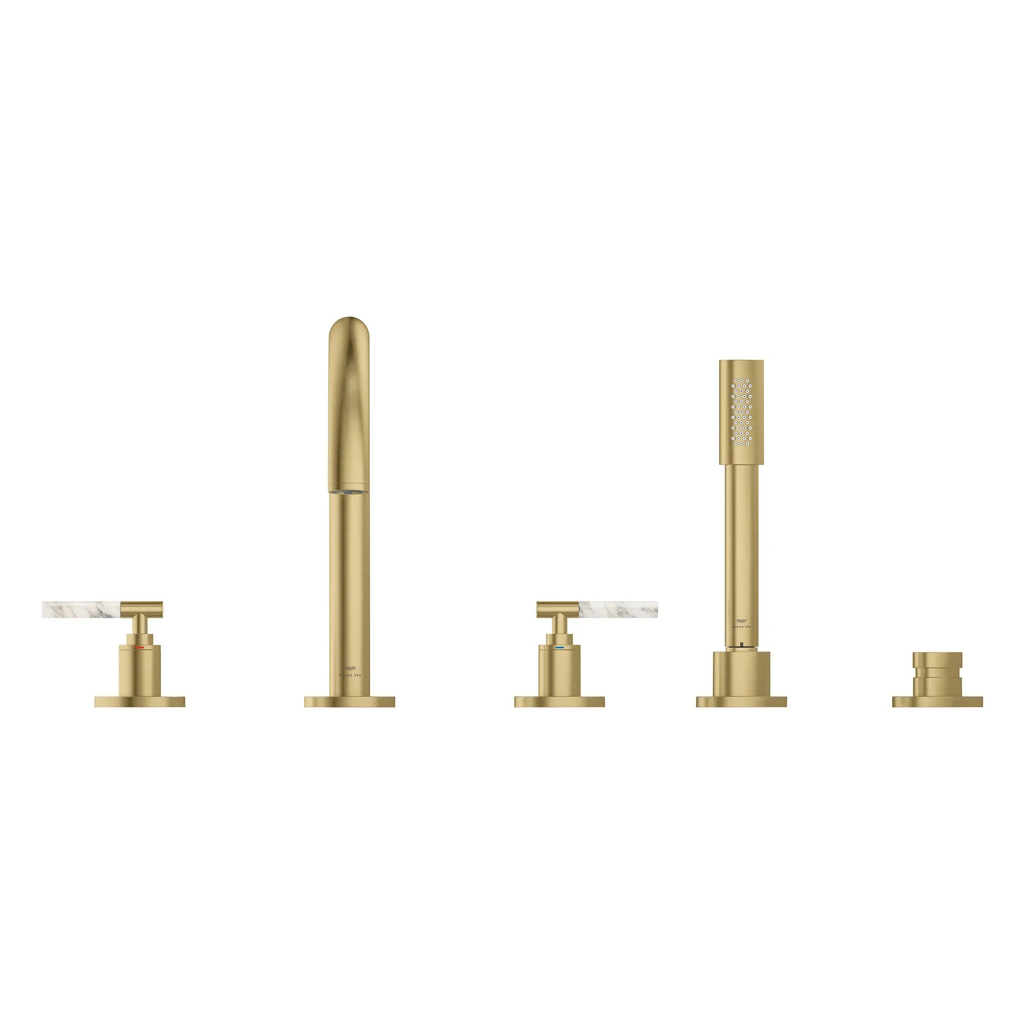 Atrio 5-Hole 2-Handle Deck Mount Roman Tub Faucet without Handles with 1.75 GPM Hand Shower // BRUSHED COOL SUNRISE // 267782_Atrio_PC_SiloFront_25274GN00_48464GN00_0001_July2025_0_CDNwebp.webp