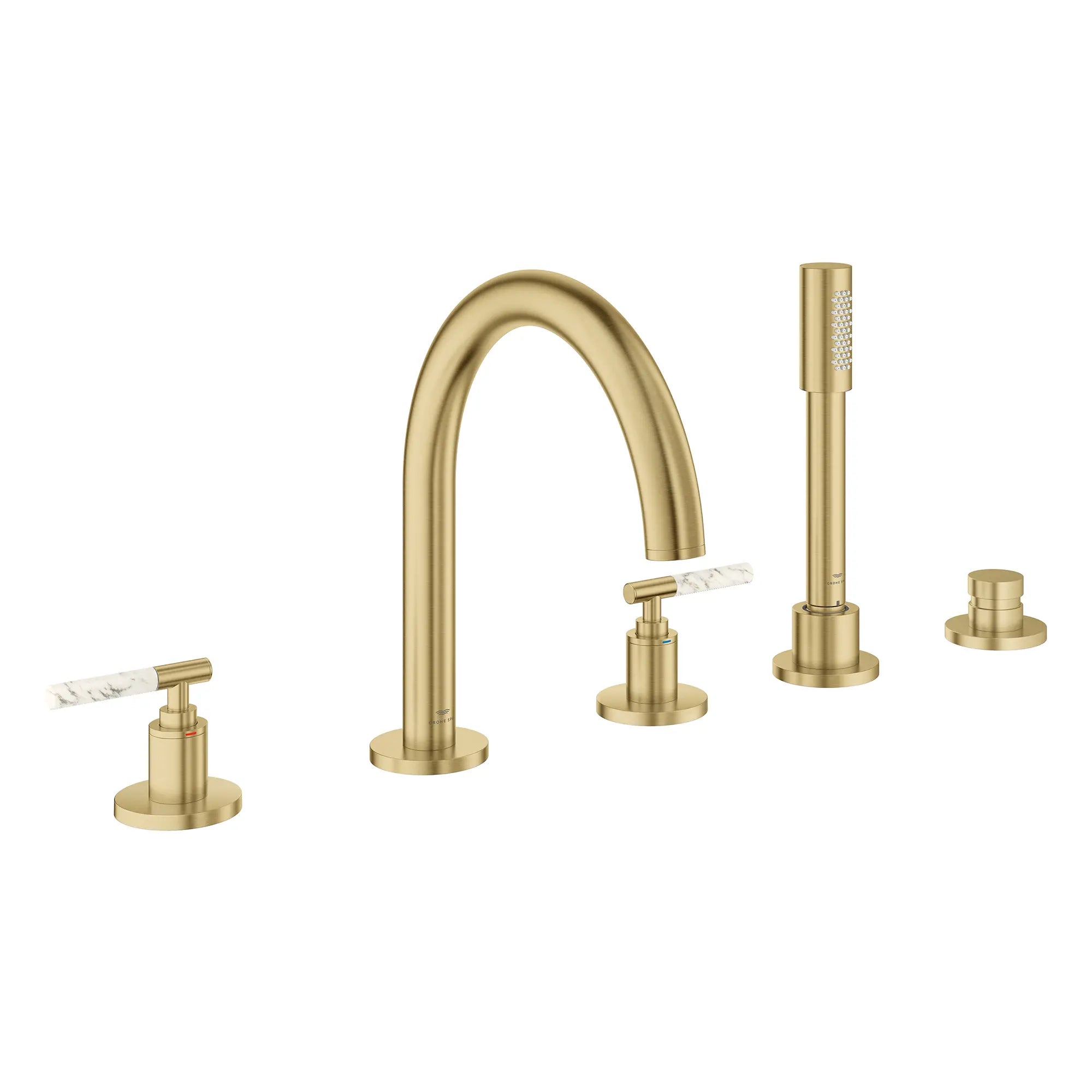 Atrio 5-Hole 2-Handle Deck Mount Roman Tub Faucet without Handles with 1.75 GPM Hand Shower // BRUSHED COOL SUNRISE // 267784_Atrio_PC_SiloRight_25274GN00_48464GN00_0001_July2025_0_CDNwebp.webp