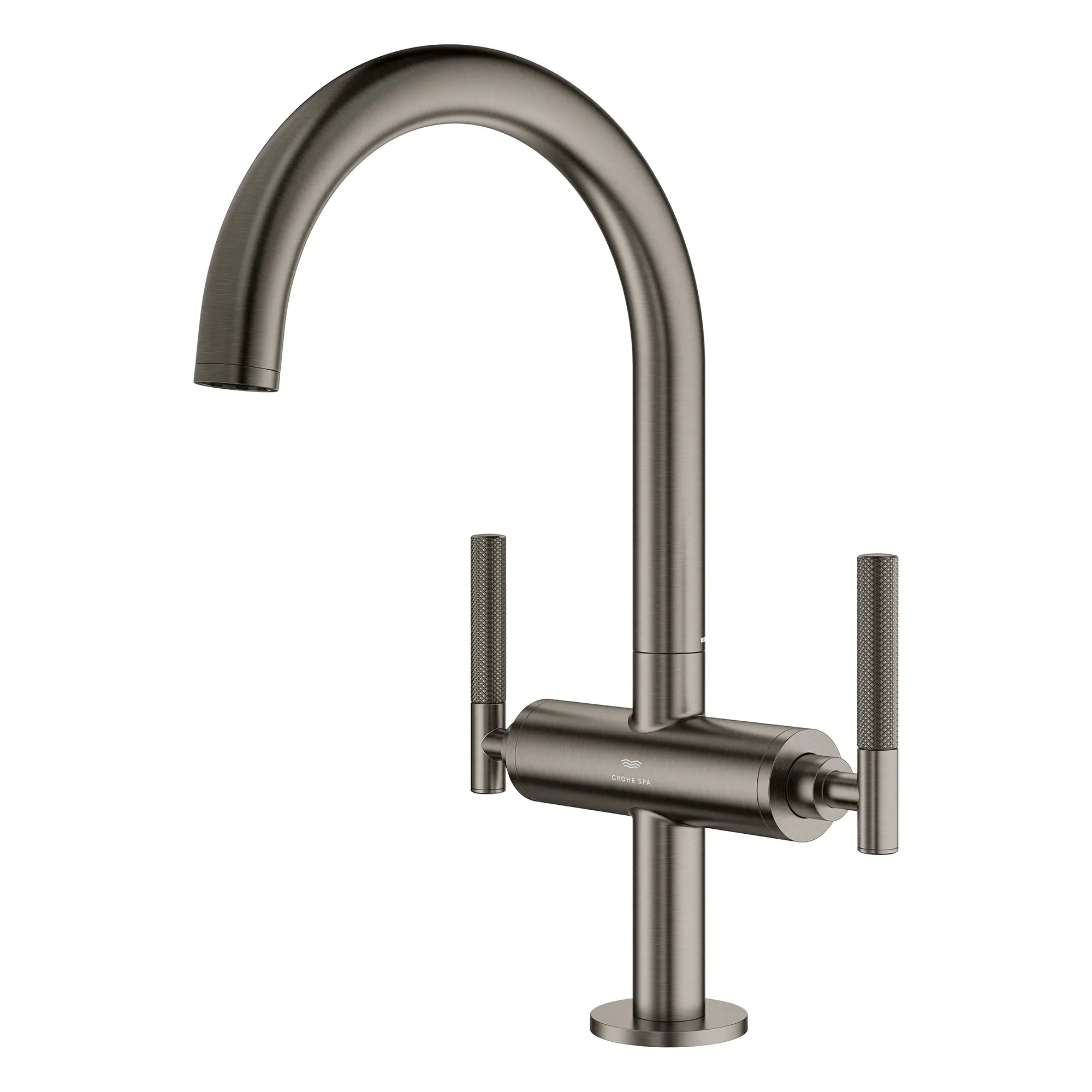 Atrio Single Hole Two-Handle L-Size Bathroom Faucet without Handles, 1.2 GPM (4.5 L/min) // BRUSHED HARD GRAPHITE // 269193_Atrio_PC_SiloLeft_21146AL00_48646AL0_August2025_0_CDNwebp.webp