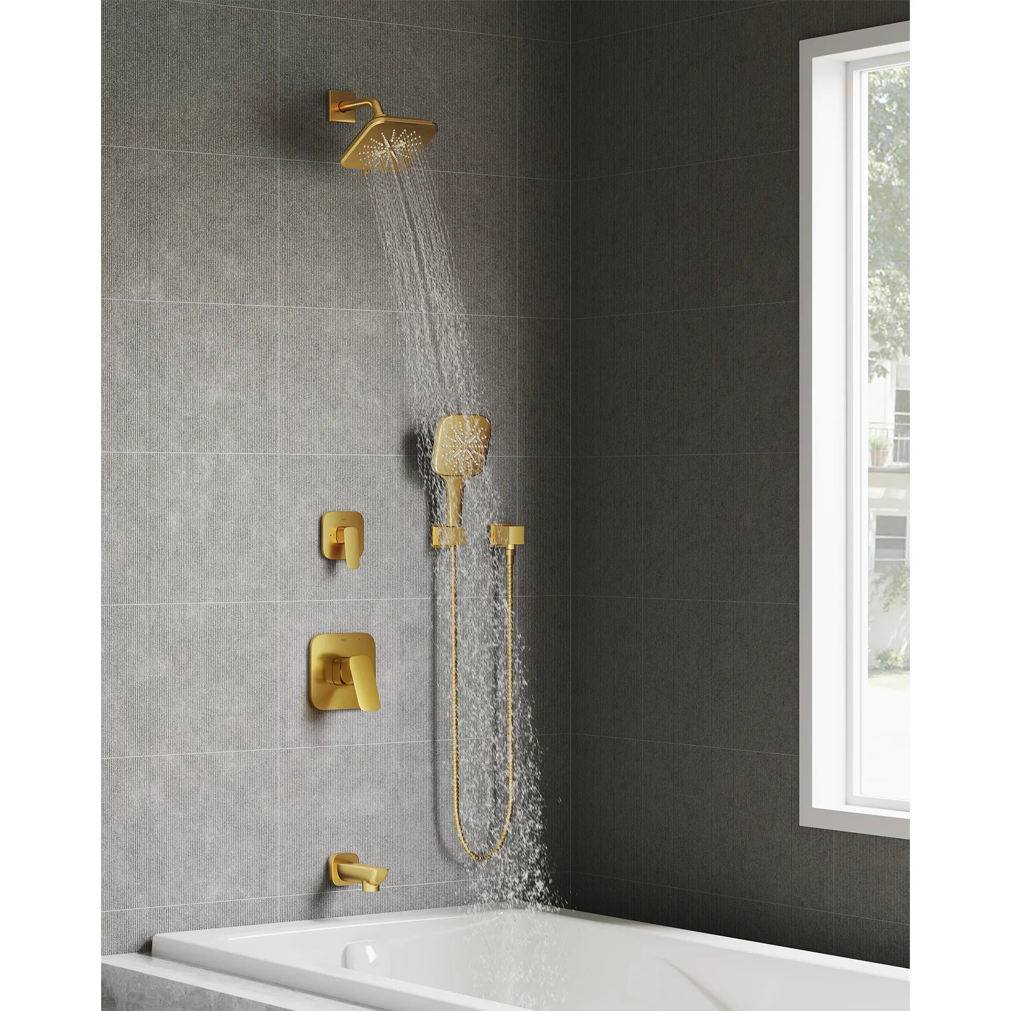 Hand Shower - 3 Sprays, 1.75 GPM (6.6 L/min) // BRUSHED COOL SUNRISE // 270849_Cubeo_EnvironmentCloseUp_101928GN00_101930GN00_26797GN00_26633GN00_26552GN00_27693GN00_26634GN00_28417GN00_101926GN00_0001_SEPTEMBER2025_0_CDNwebp.webp