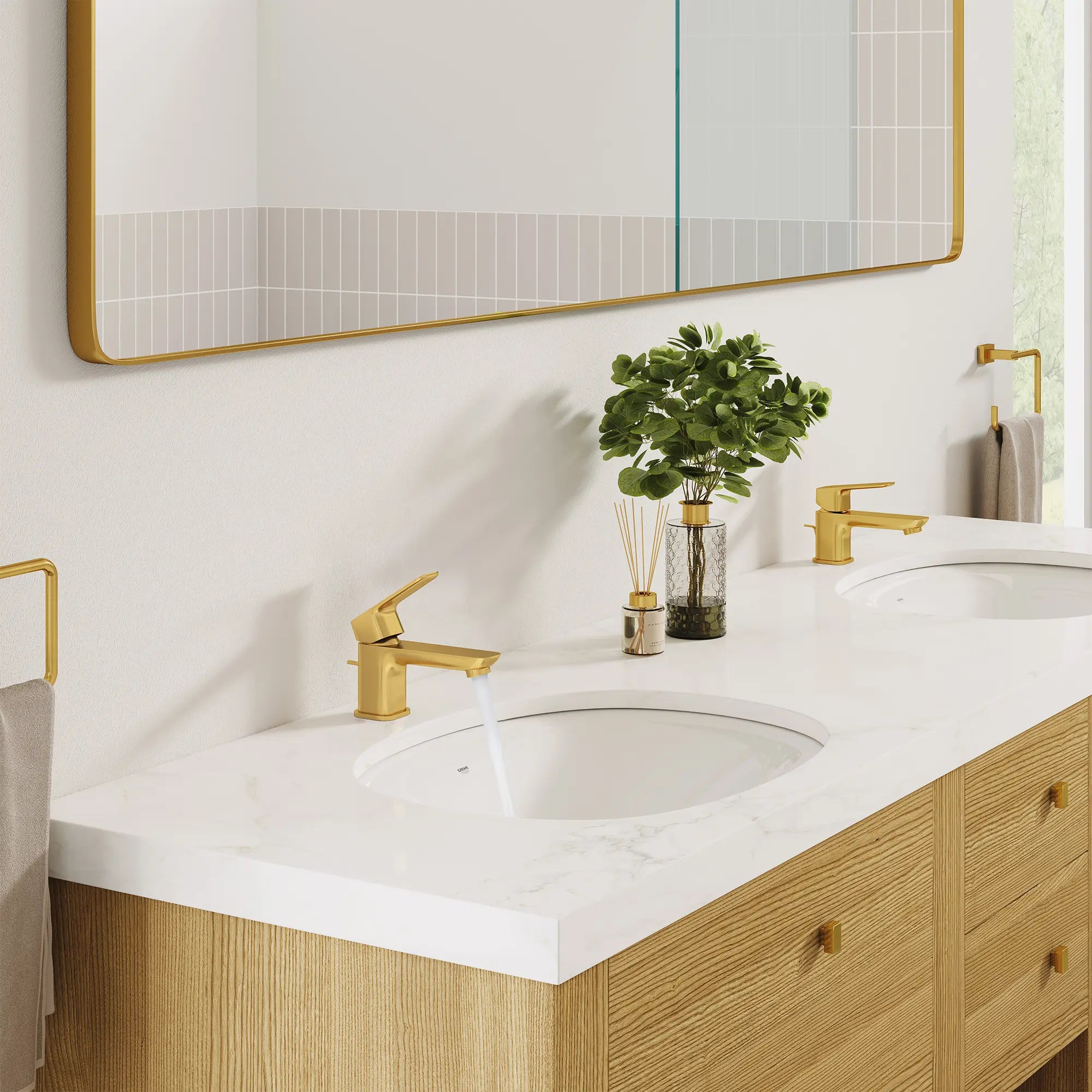 Cubeo Single Hole Single Handle XS-Size Bathroom Faucet, 1.2 gpm (4.5L/min) // BRUSHED COOL SUNRISE // 270986_Cubeo_EnvironmentCloseUp_101897GN00_0001_SEPTEMBER2025_0_CDNwebp.webp