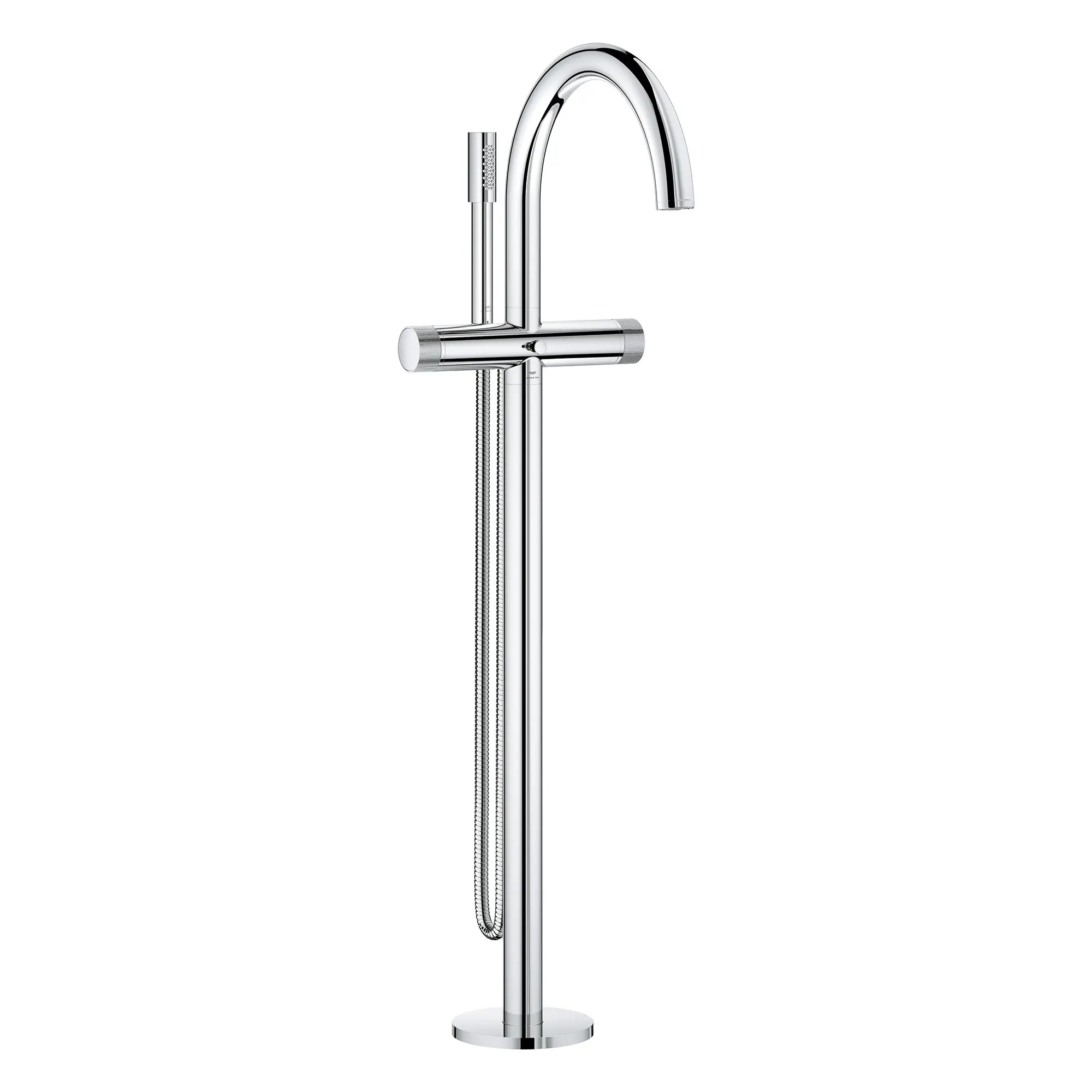 Atrio Private Collection 2-Handle Free Standing Tub Filler with Knob Handles, with 1.75 GPM Hand Shower // GROHE STARLIGHT CHROME // 276078_Atrio_PC_Silo-SpecSheet_1057720000_0001_July2025_1_CDNwebp.webp