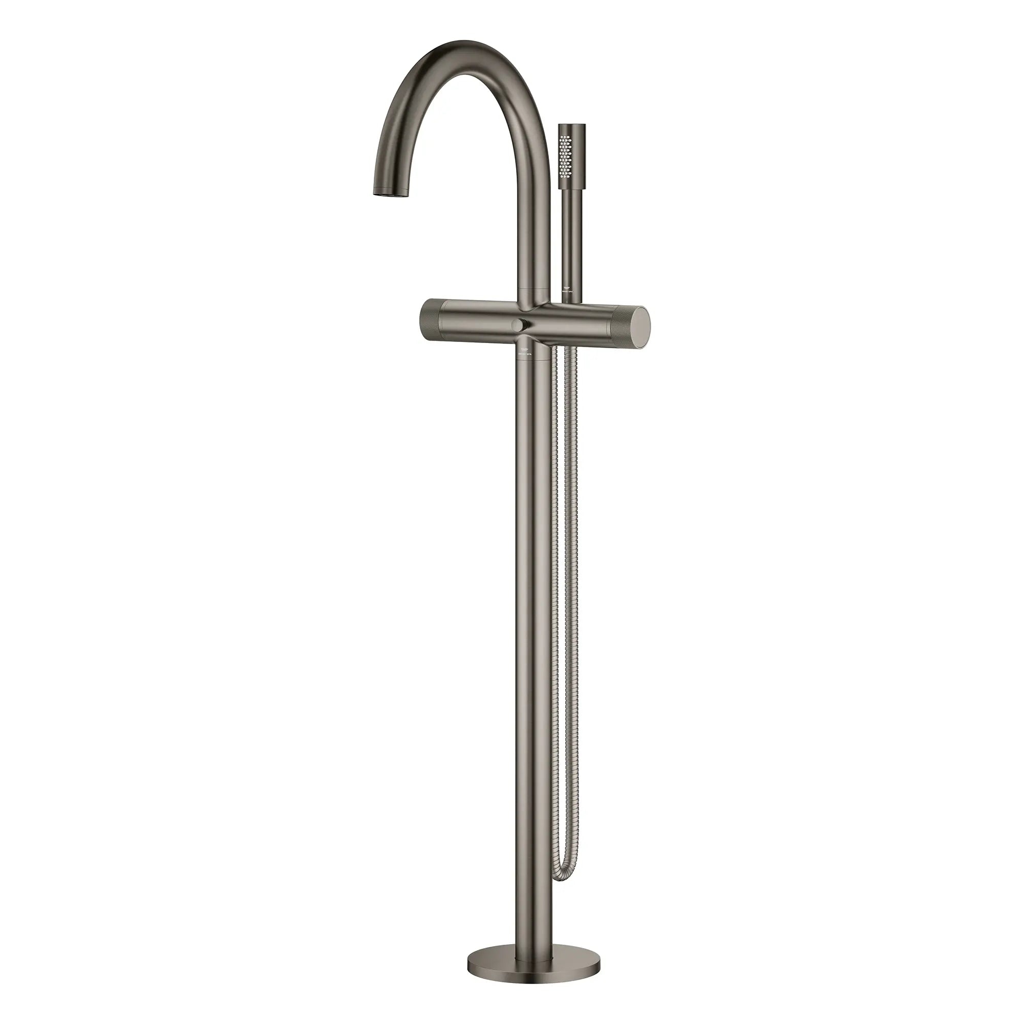 Atrio Private Collection 2-Handle Free Standing Tub Filler with Knob Handles, with 1.75 GPM Hand Shower // BRUSHED HARD GRAPHITE // 277464_Atrio_PC_SiloLeft_105772AL0_0001_July2025_0_CDNwebp.webp