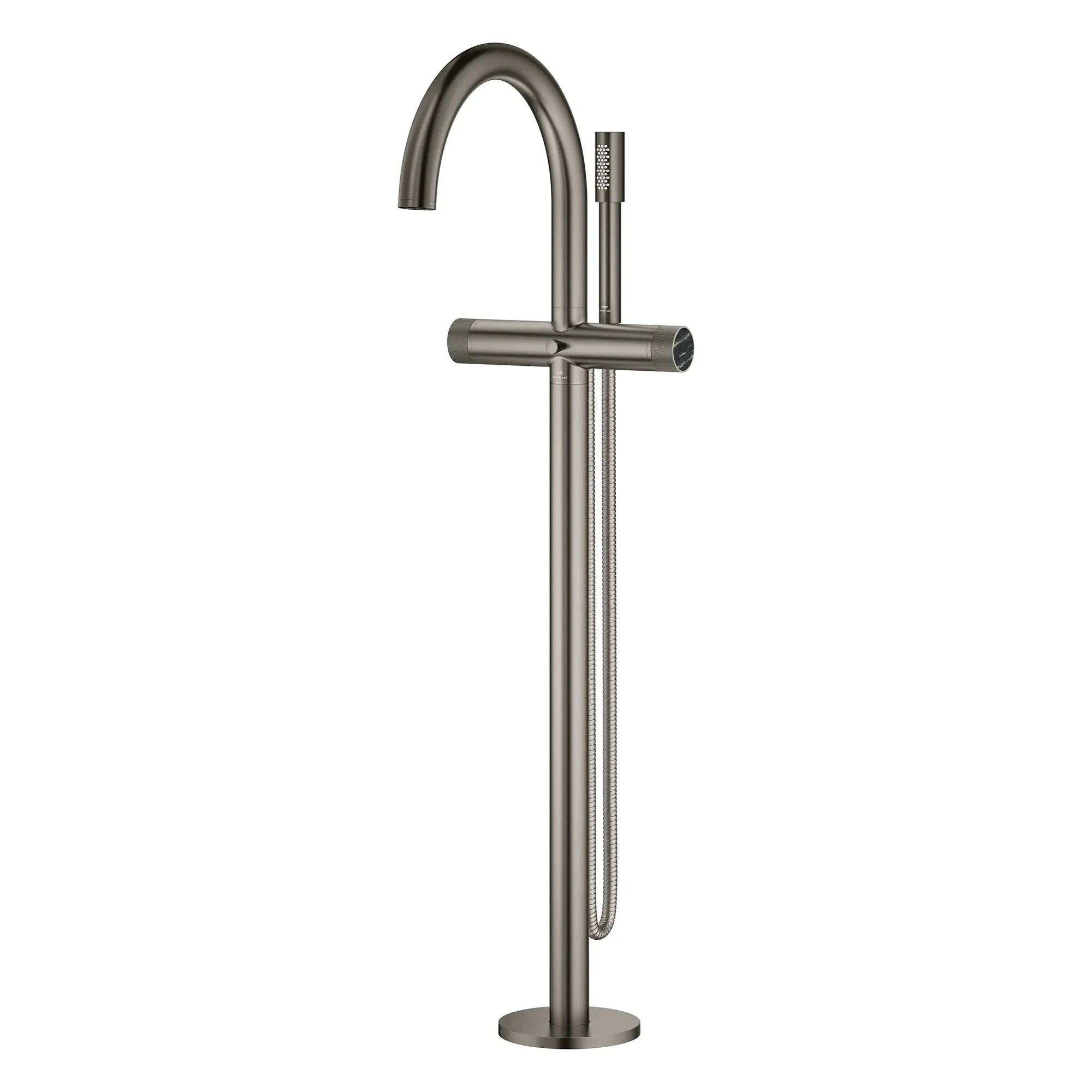 Atrio Private Collection 2-Handle Free Standing Tub Filler with Knob Handles, with 1.75 GPM Hand Shower // BRUSHED HARD GRAPHITE // 277466_Atrio_PC_SiloLeft_105772AL0_46461000_0001_July2025_0_CDNwebp.webp