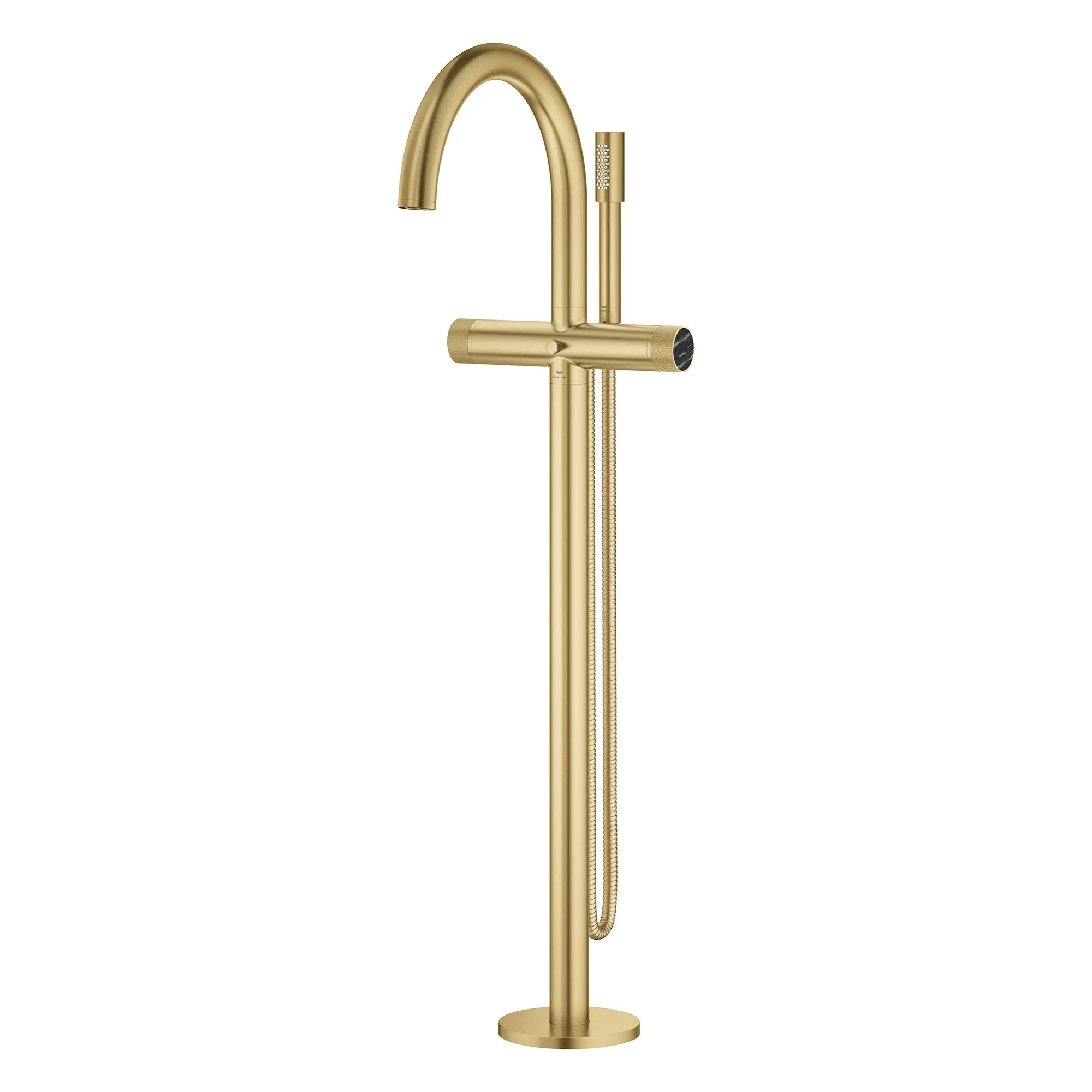 Atrio Private Collection 2-Handle Free Standing Tub Filler with Knob Handles, with 1.75 GPM Hand Shower // BRUSHED COOL SUNRISE // 277468_Atrio_PC_SiloLeft_105772GN0_46461000_0001_July2025_0_CDNwebp.webp