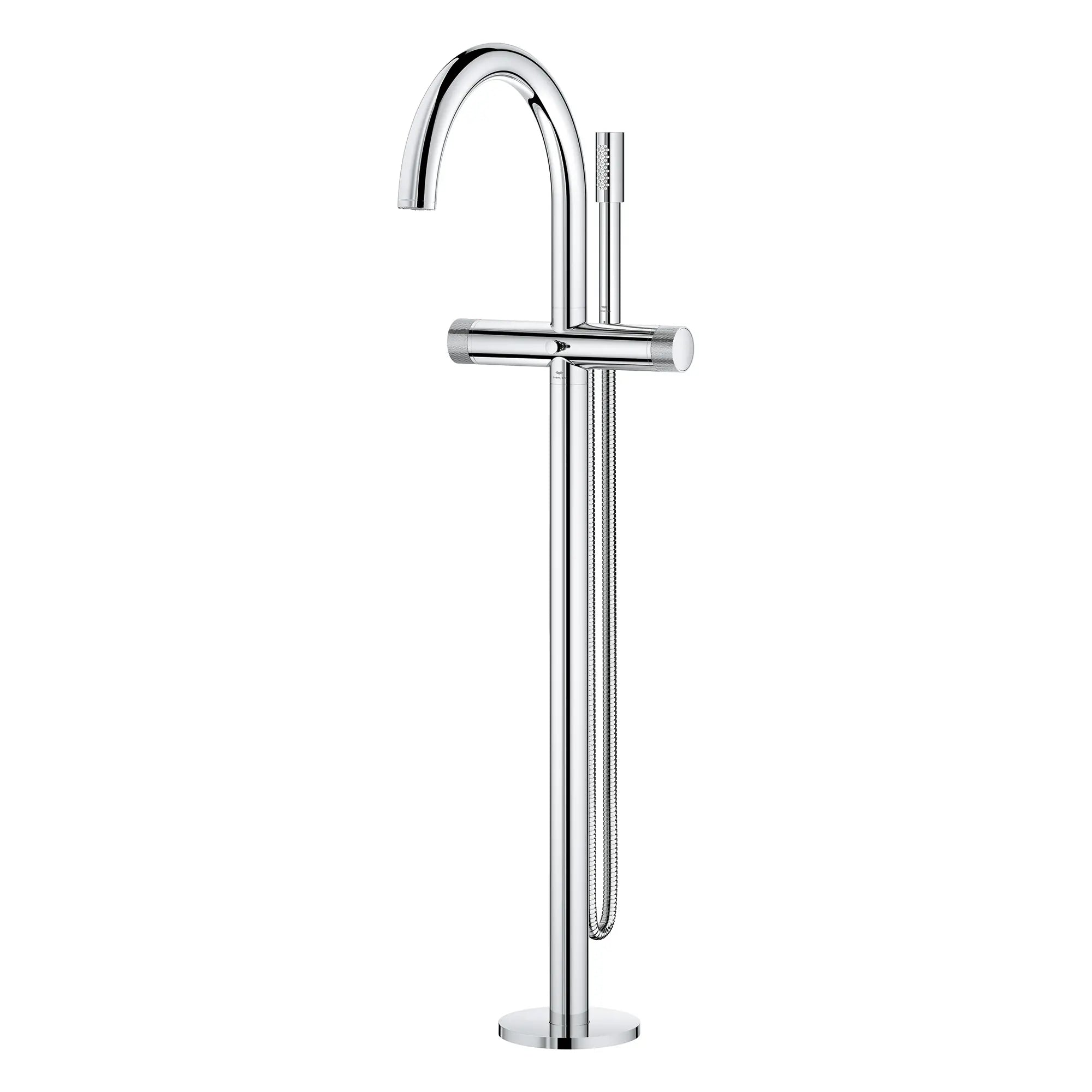 Atrio Private Collection 2-Handle Free Standing Tub Filler with Knob Handles, with 1.75 GPM Hand Shower // GROHE STARLIGHT CHROME // 277474_Atrio_PC_SiloLeft_1057720000_0001_July2025_0_CDNwebp.webp